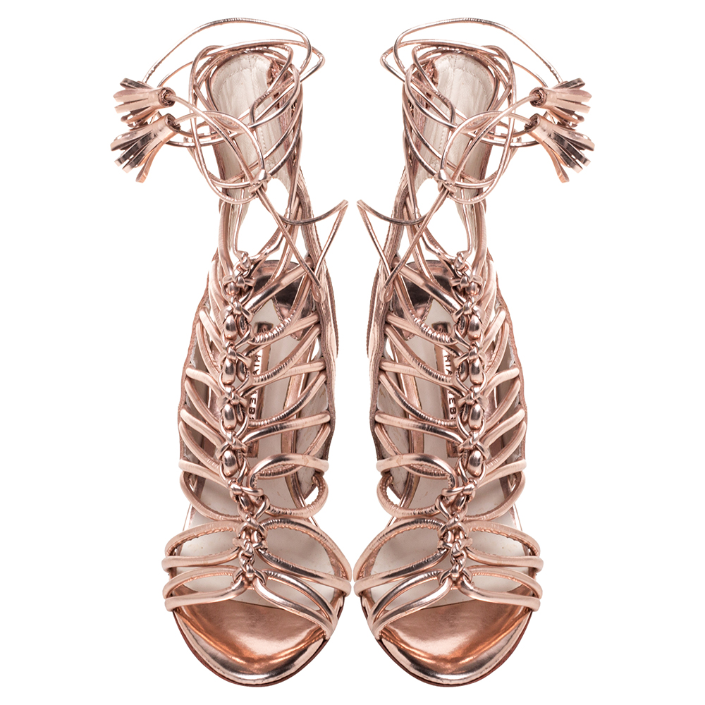 Sophia Webster Metallic Rose Gold Leather Peep Toe Cage Sandals Size 36