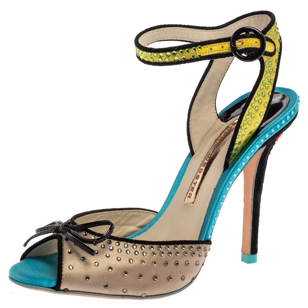 Sophia Webster Multicolor Satin Crystal Embellished Bow Peep Toe Sandals Size 37