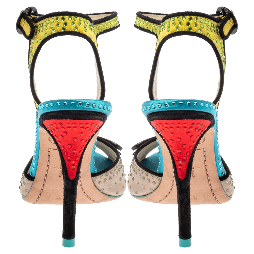 Sophia Webster Multicolor Satin Crystal Embellished Bow Peep Toe Sandals Size 37