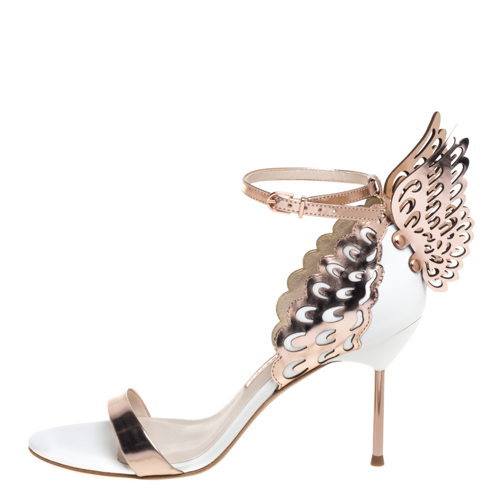 

Sophia Webster Rose Gold/White Leather Evangeline Laser Cut Angel Wing Ankle Strap Sandals Size, Metallic