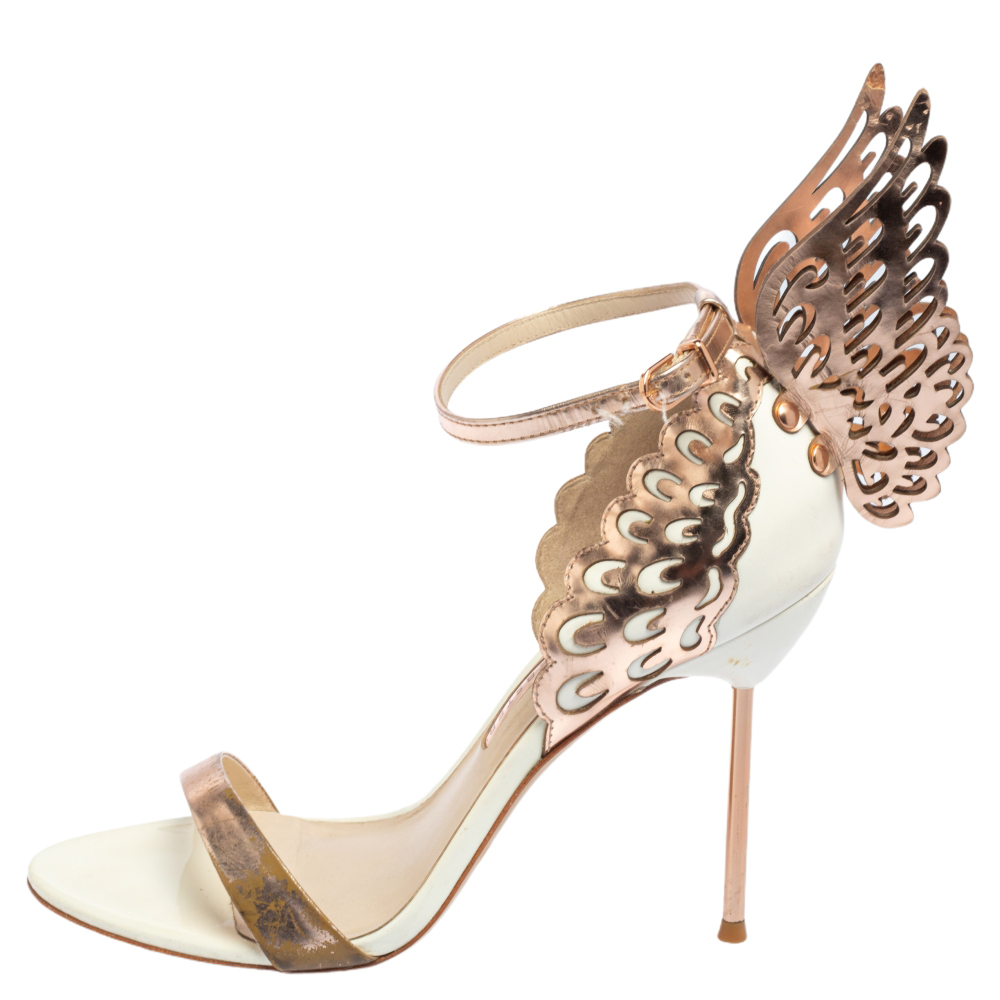 

Sophia Webster White/Rose Gold Leather Evangeline Laser Cut Angel Wing Ankle Strap Sandals Size, Metallic