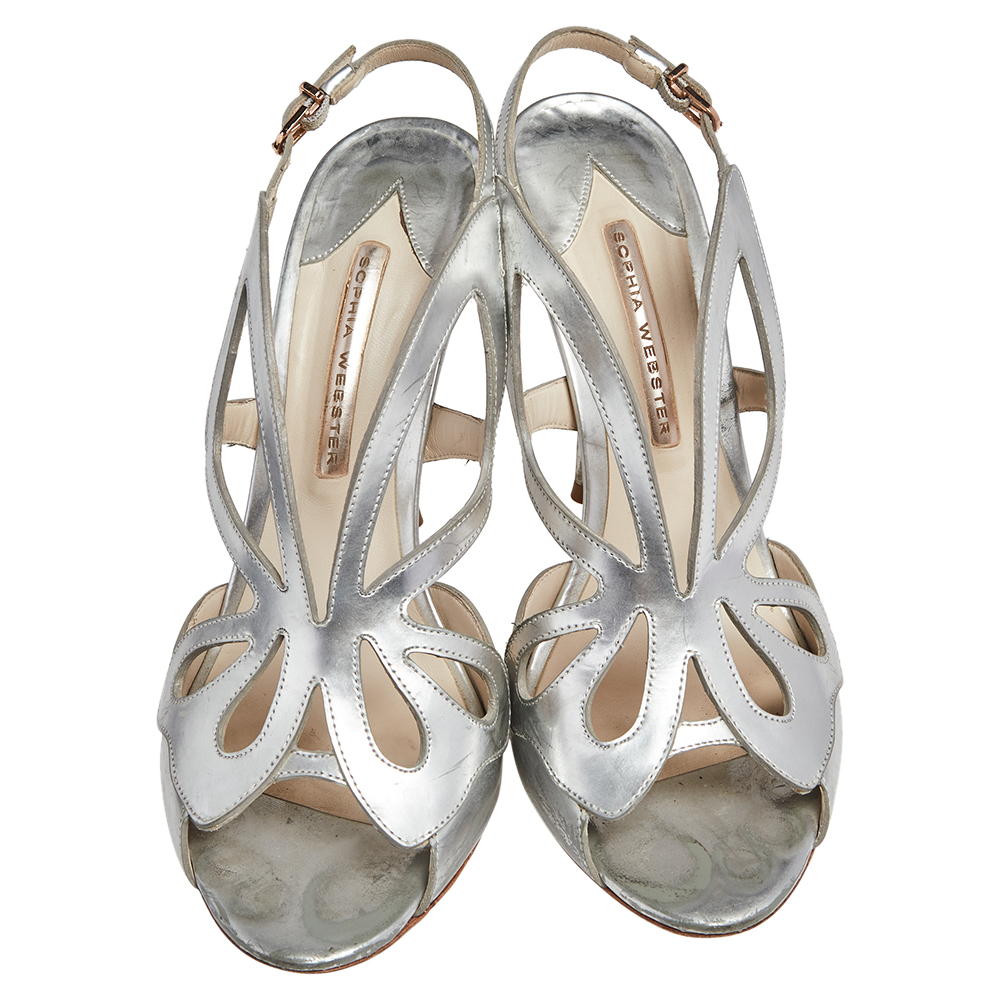 Sophia Webster Silver Leather  Floral Applique Slingback Sandals Size 41