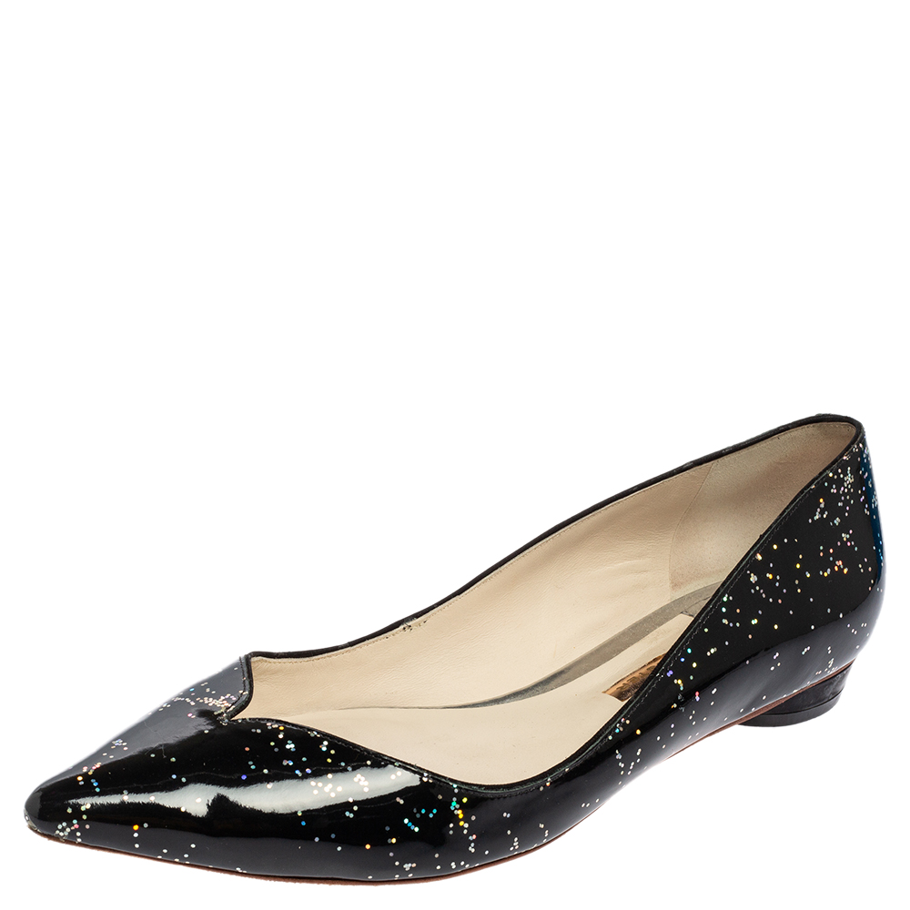 Sophia Webster Black Glitter Patent Leather Pointed Toe Ballet Flats Size 41