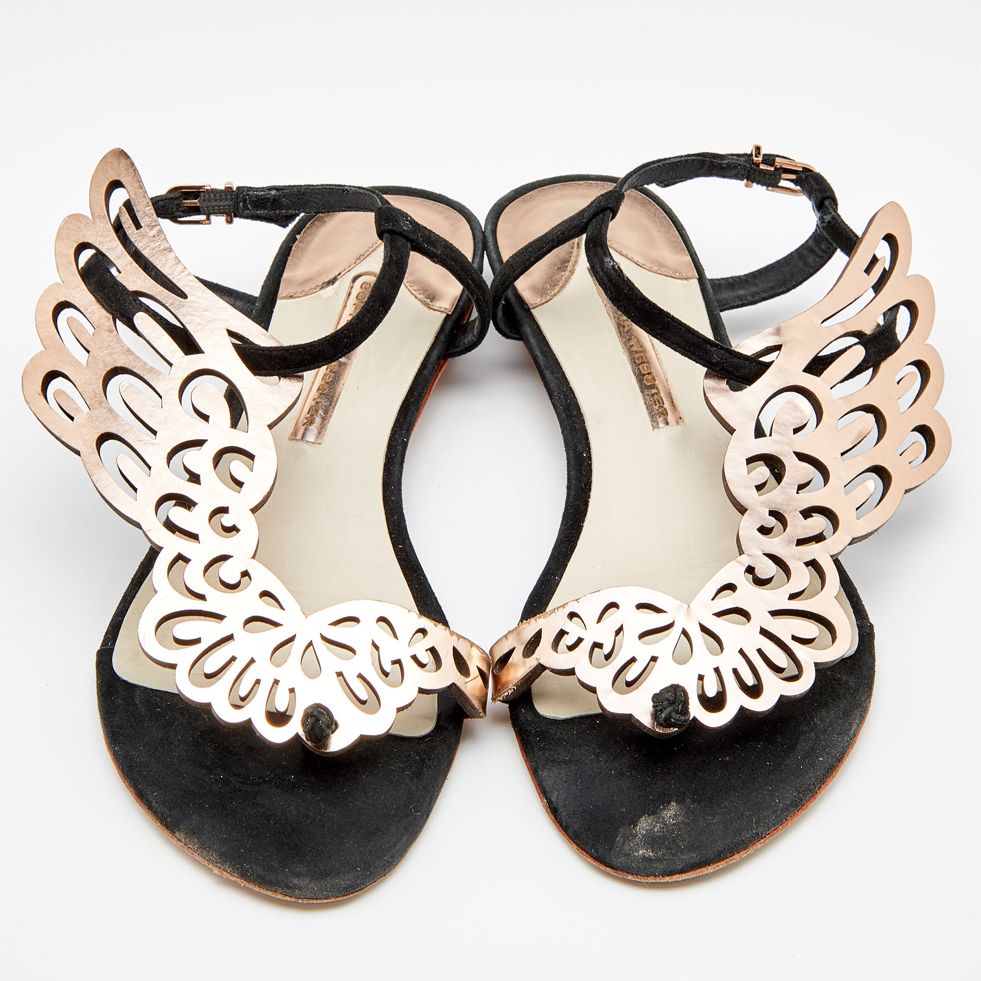 Sophia Webster Metallic Rose Gold/Black Leather And Suede Seraphina Angel Wing Flat Sandals Size 39.5