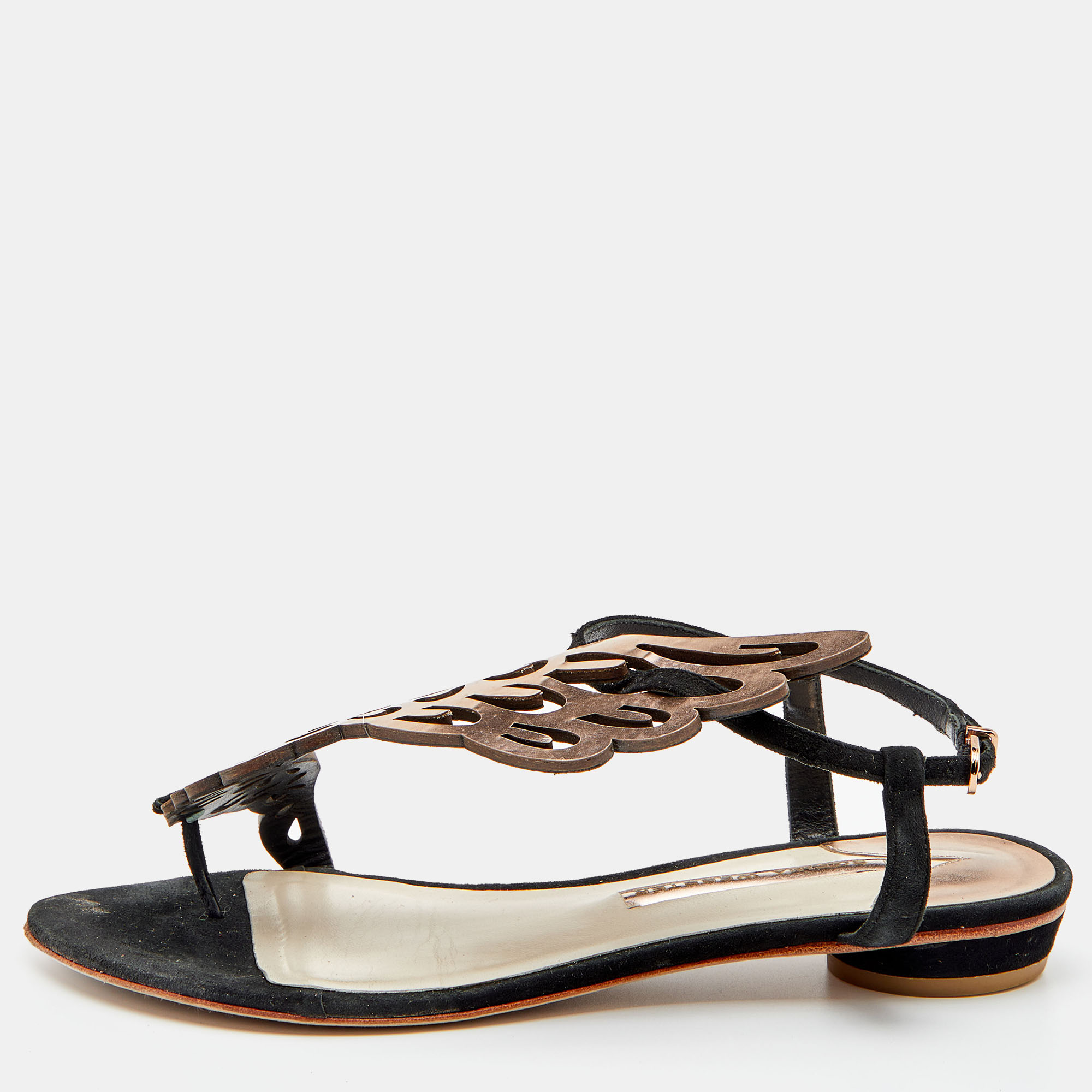 Sophia Webster Metallic Rose Gold/Black Leather And Suede Seraphina Angel Wing Flat Sandals Size 39.5