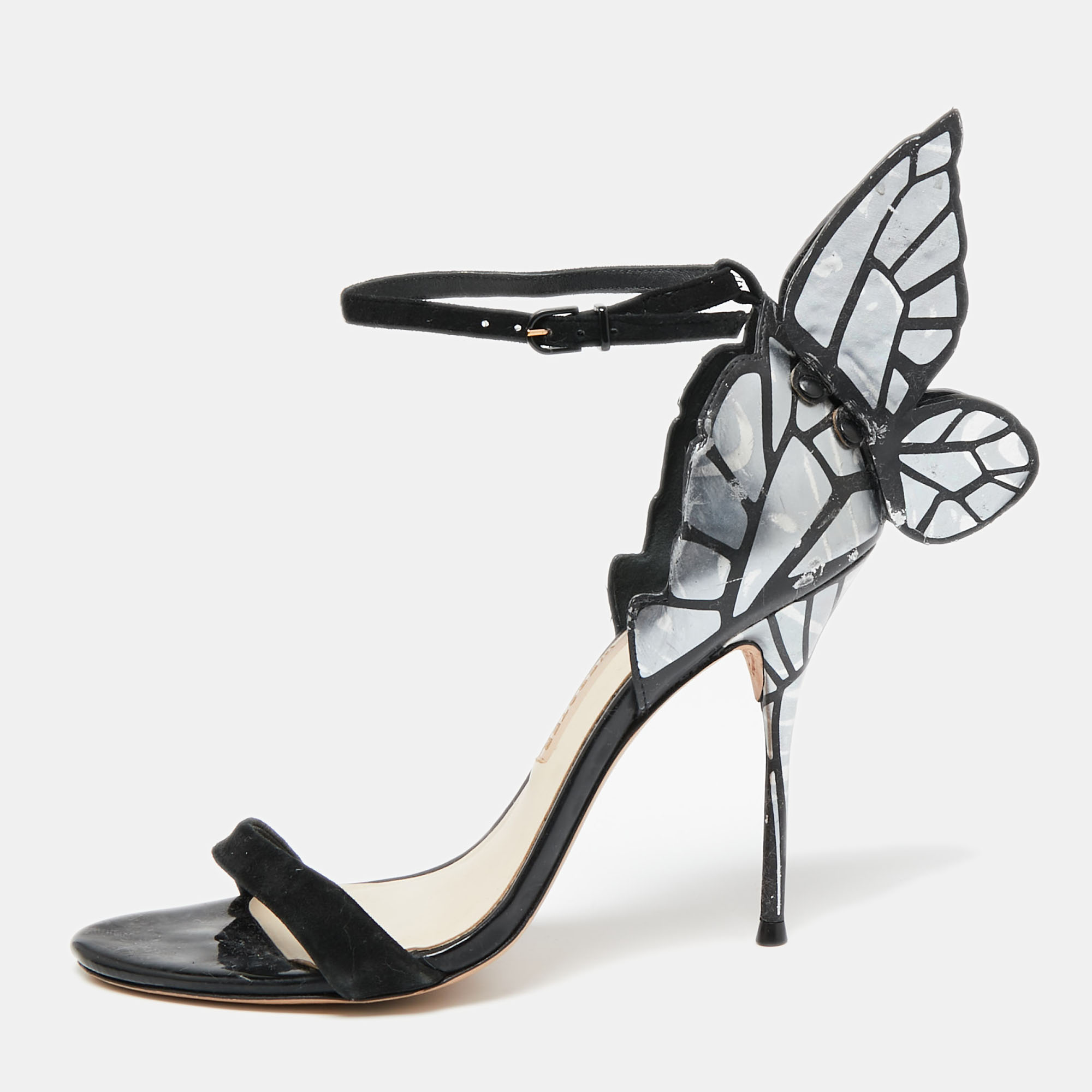 Sophia webster black/silver leather and suede chiara ankle-strap sandals size 38