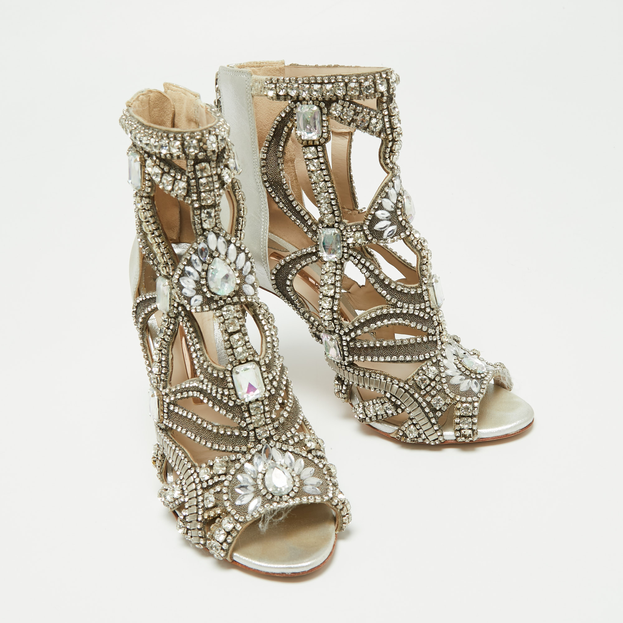 Sophia Webster Silver Fabric And Leather Crystal Embellished Iridessa Caged Booties Size 36