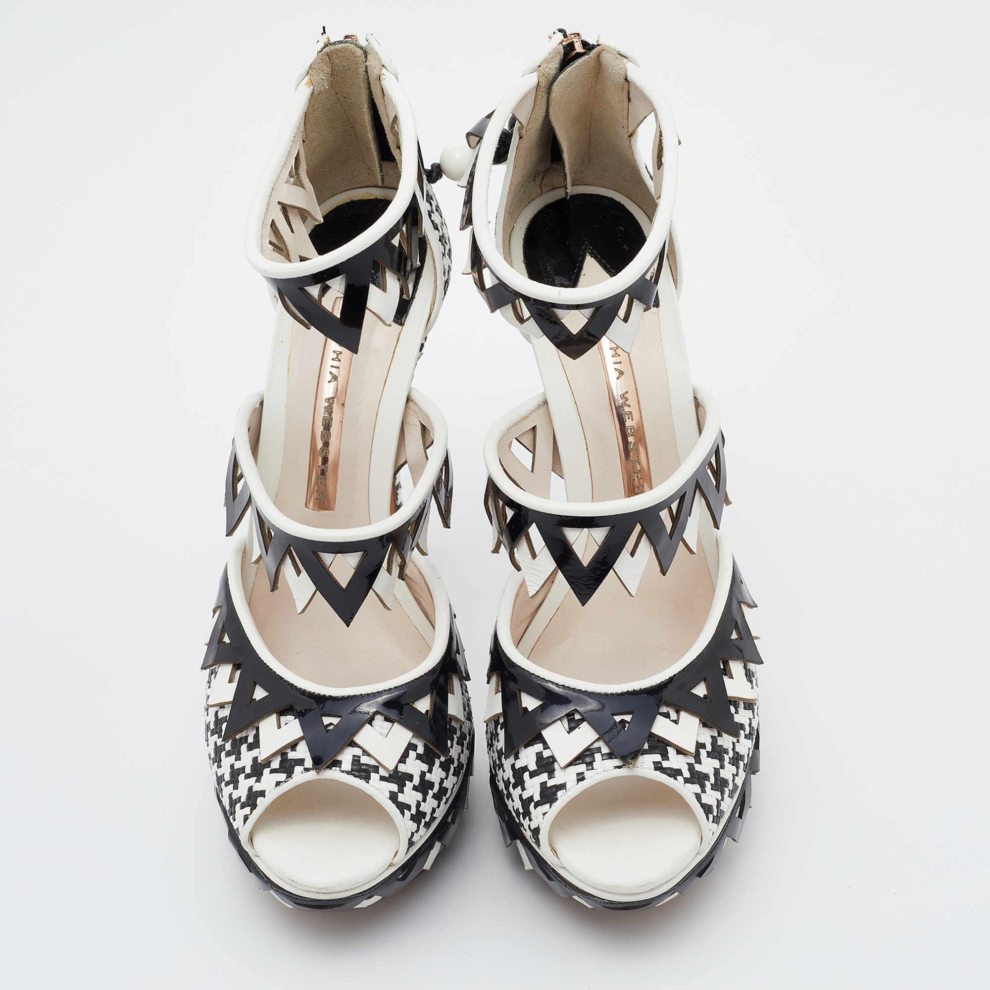 Sophia Webster Black/White Woven Raffia And Leather Platform Ankle Strap Sandals Size 36