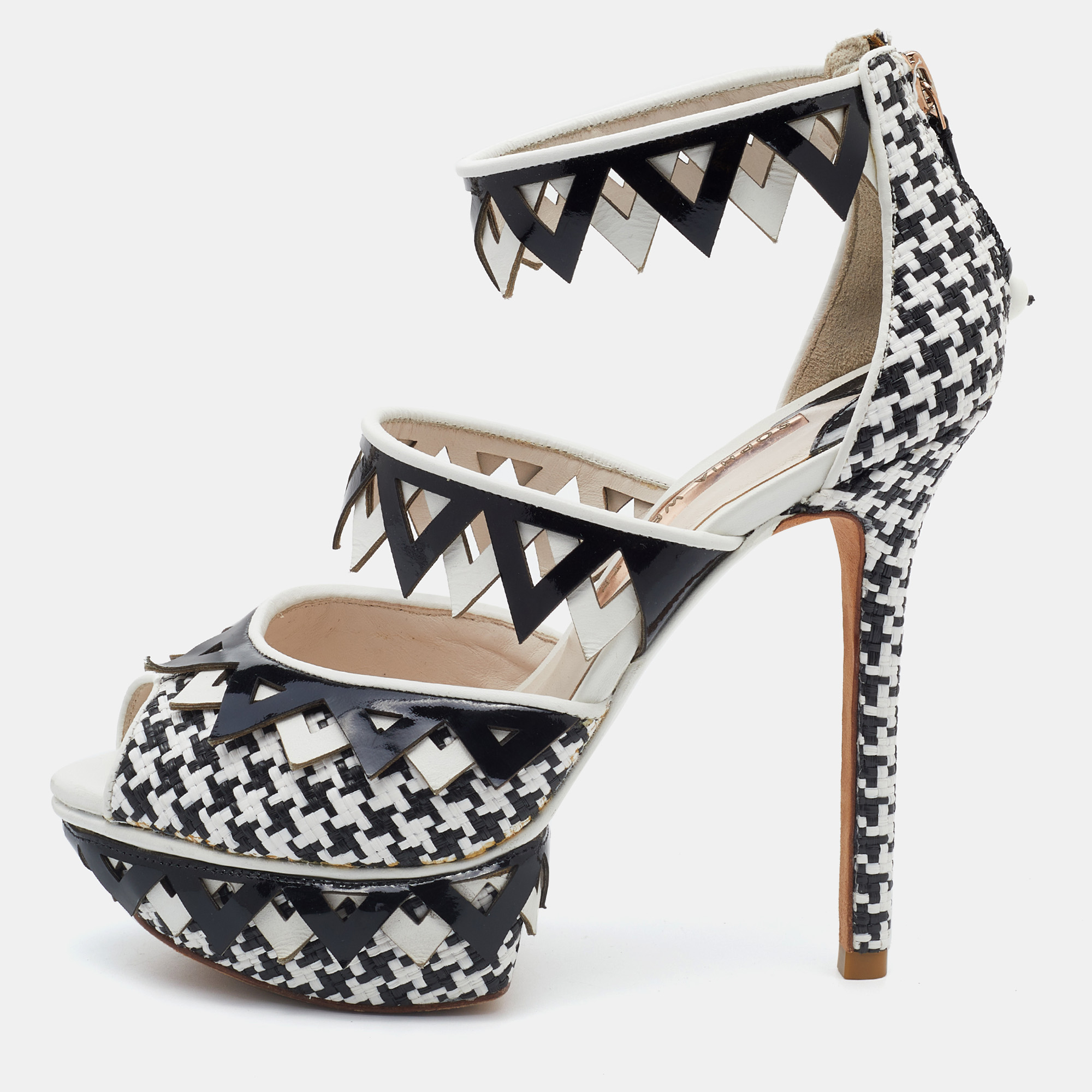 Sophia Webster Black/White Woven Raffia And Leather Platform Ankle Strap Sandals Size 36