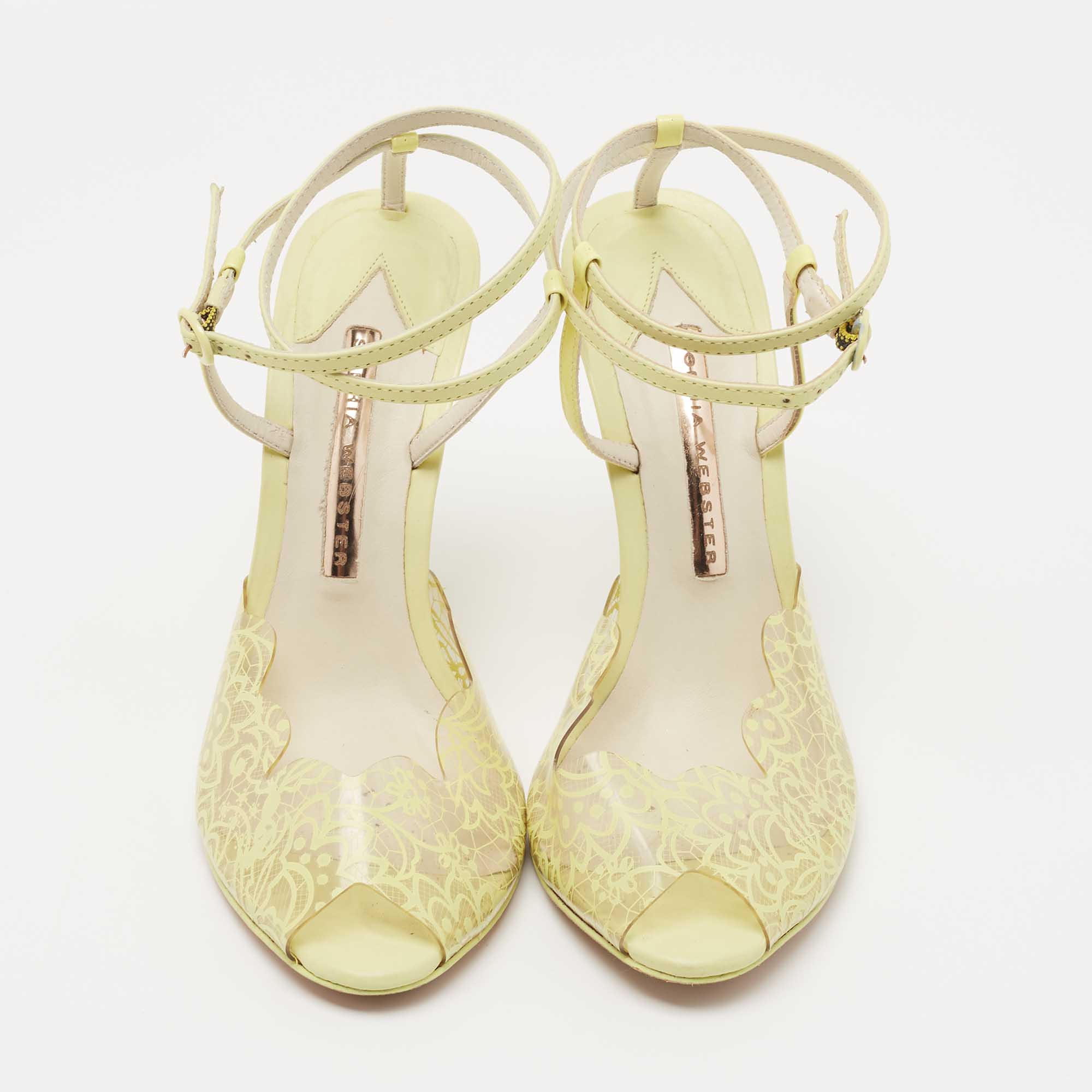 Sophia Webster Yellow Leather And Lace Print PVC Peep Toe Ankle Strap Sandals Size 37