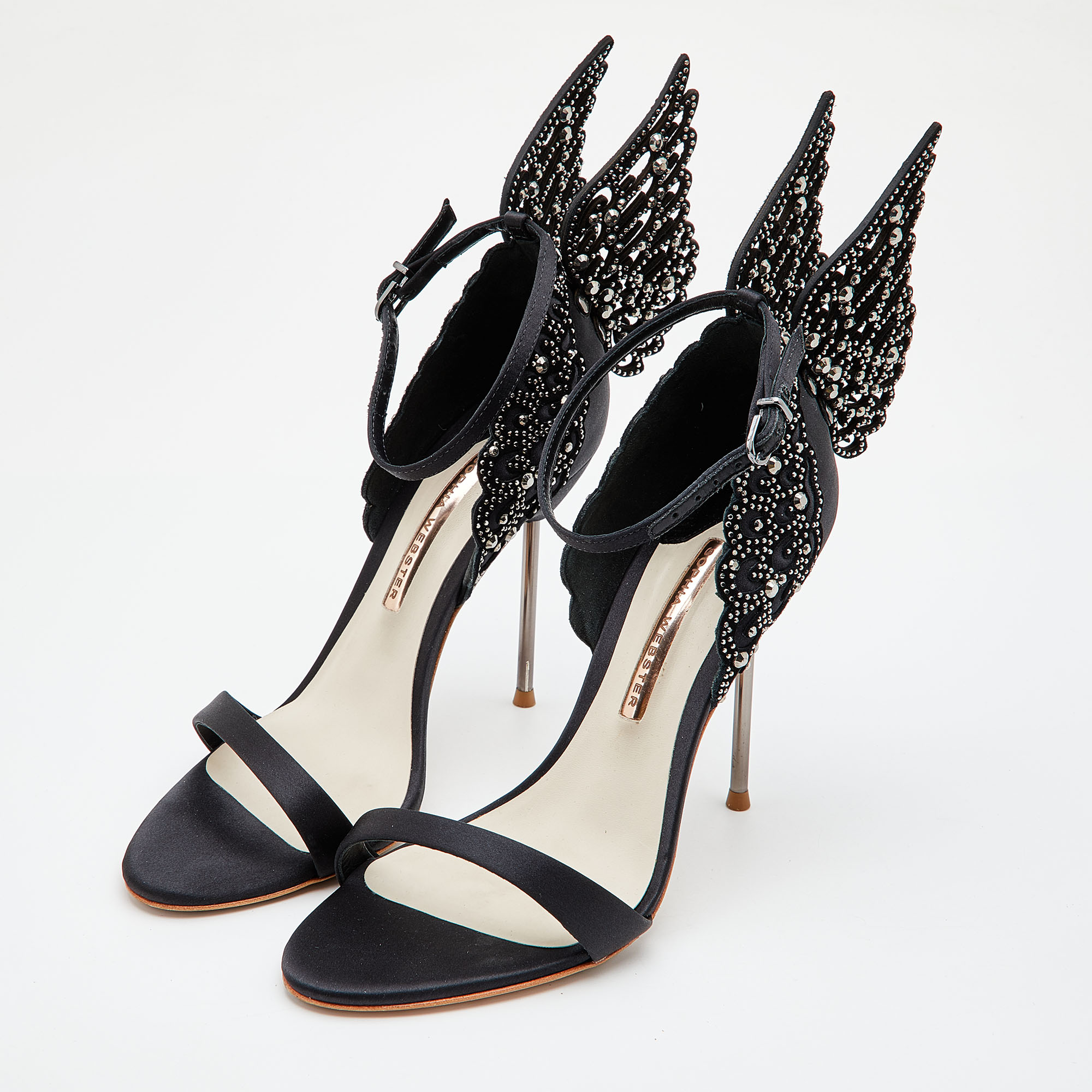 

Sophia Webster Black Satin Crystal Embellished Evangeline Ankle Strap Sandals Size