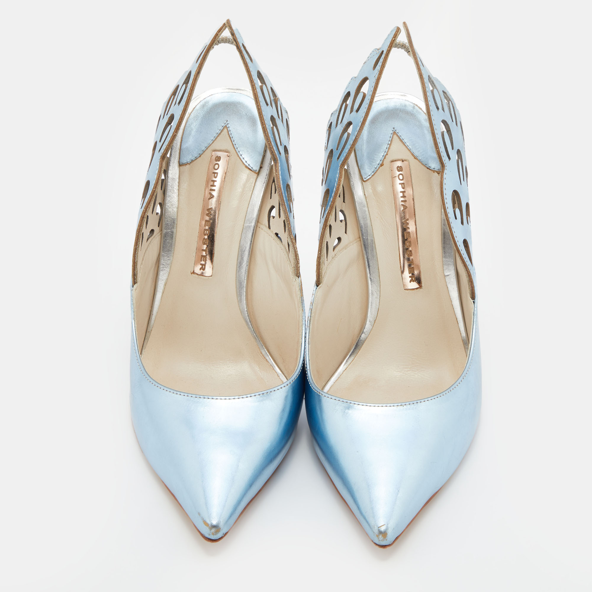 Sophia Webster Metallic Blue/Silver Leather Angelo Pointed Toe Slingback Pumps Size 37