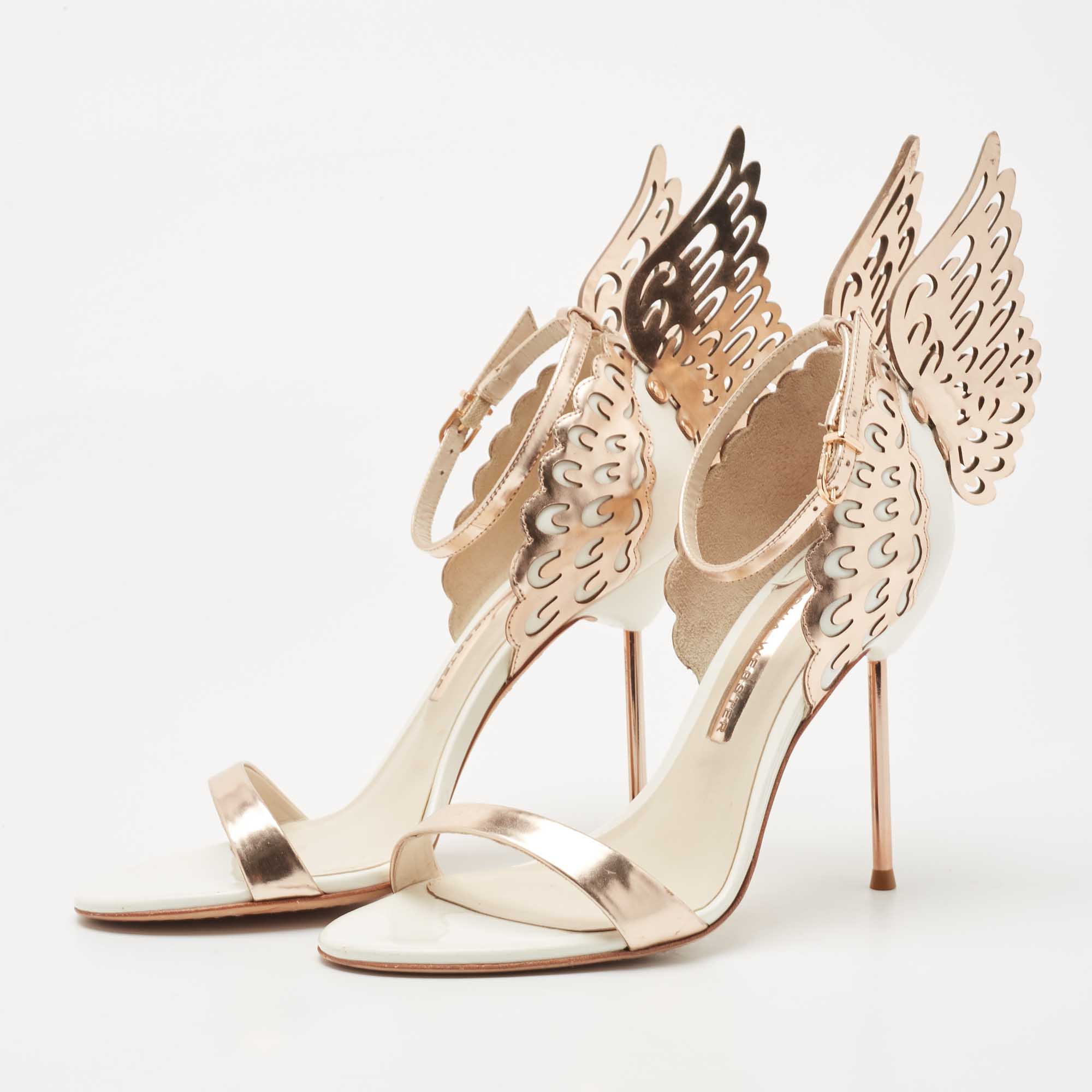 

Sophia Webster Rose Gold/White Leather Evangeline Laser Cut Angel Wing Ankle Strap Sandals Size