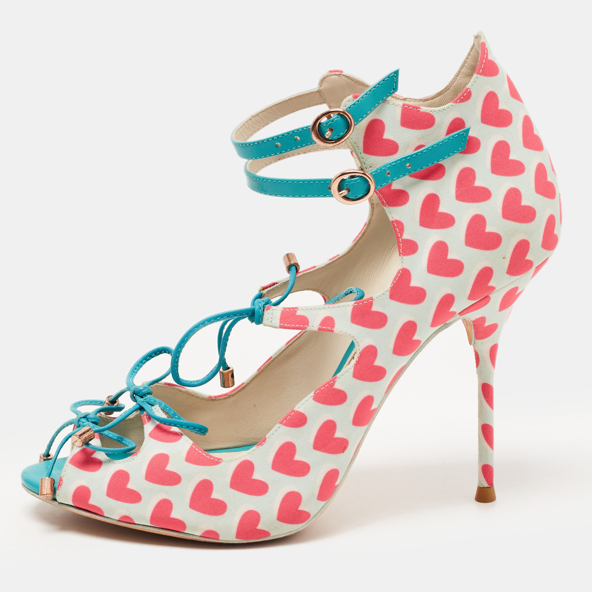 Sophia Webster Multicolor Nylon And Leather Heart Print Ankle Strap Pumps Size 38