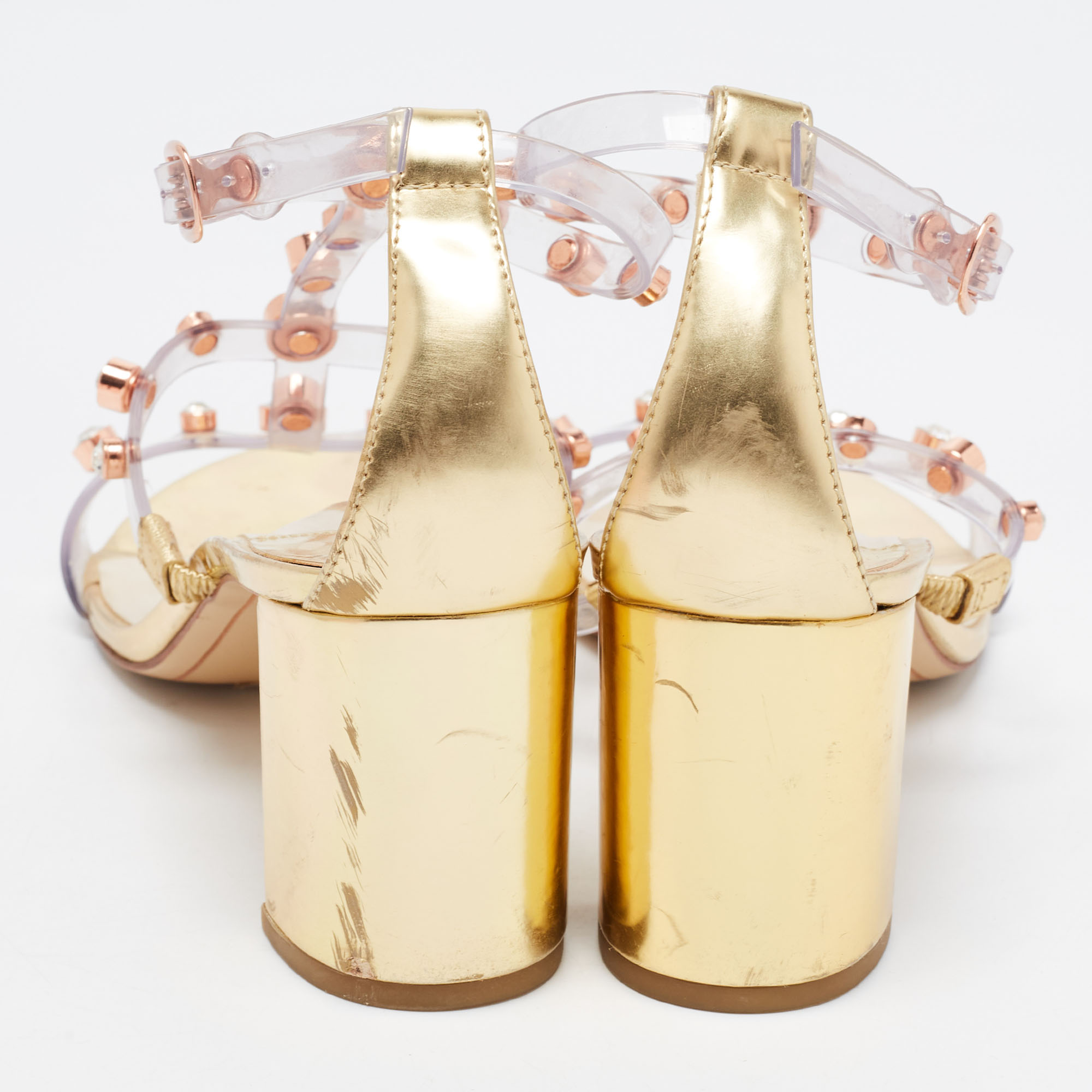 Sophia Webster Metallic Gold/Transparent  Leather And PVC Crystal Embellished Sandals Size 41