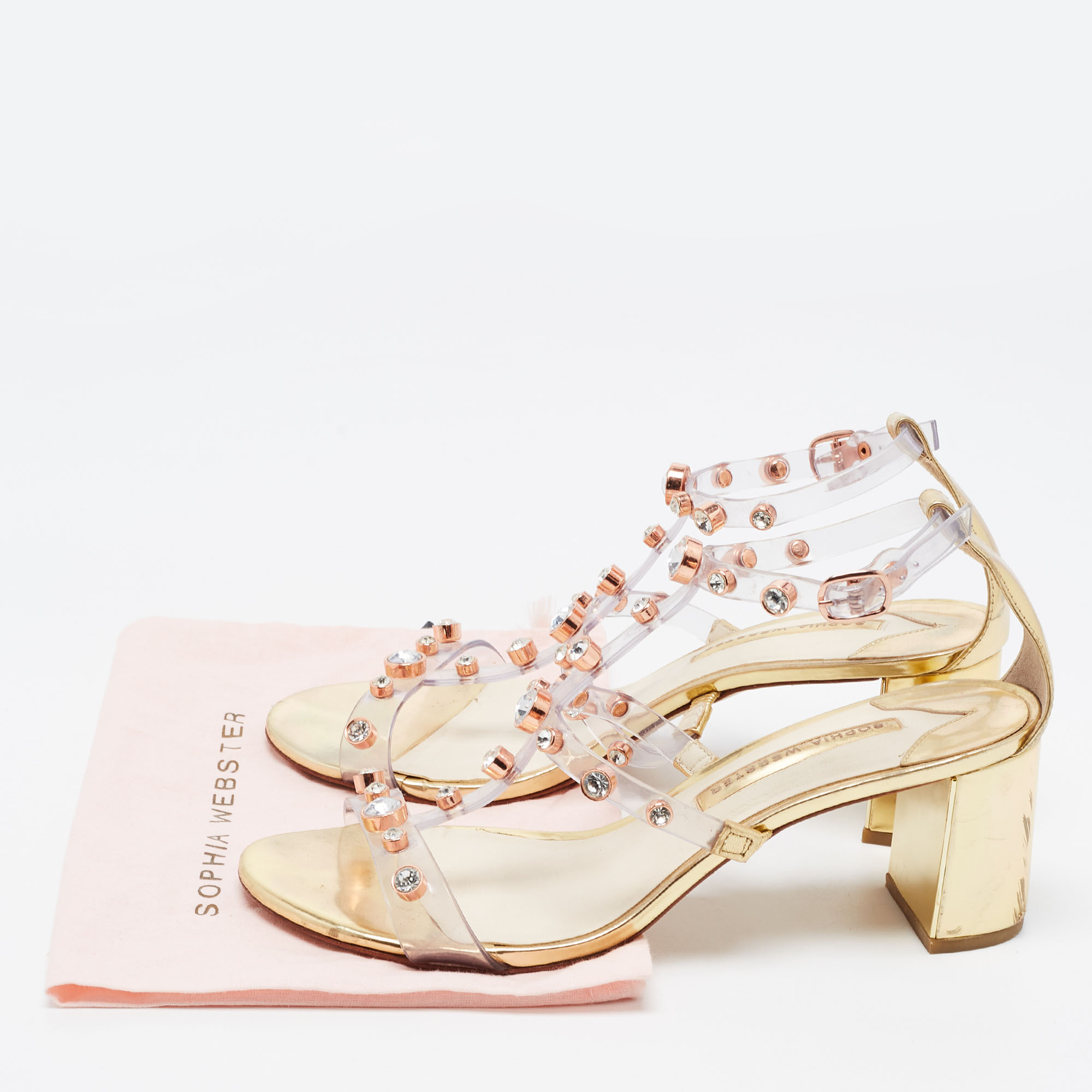 Sophia Webster Metallic Gold/Transparent  Leather And PVC Crystal Embellished Sandals Size 41