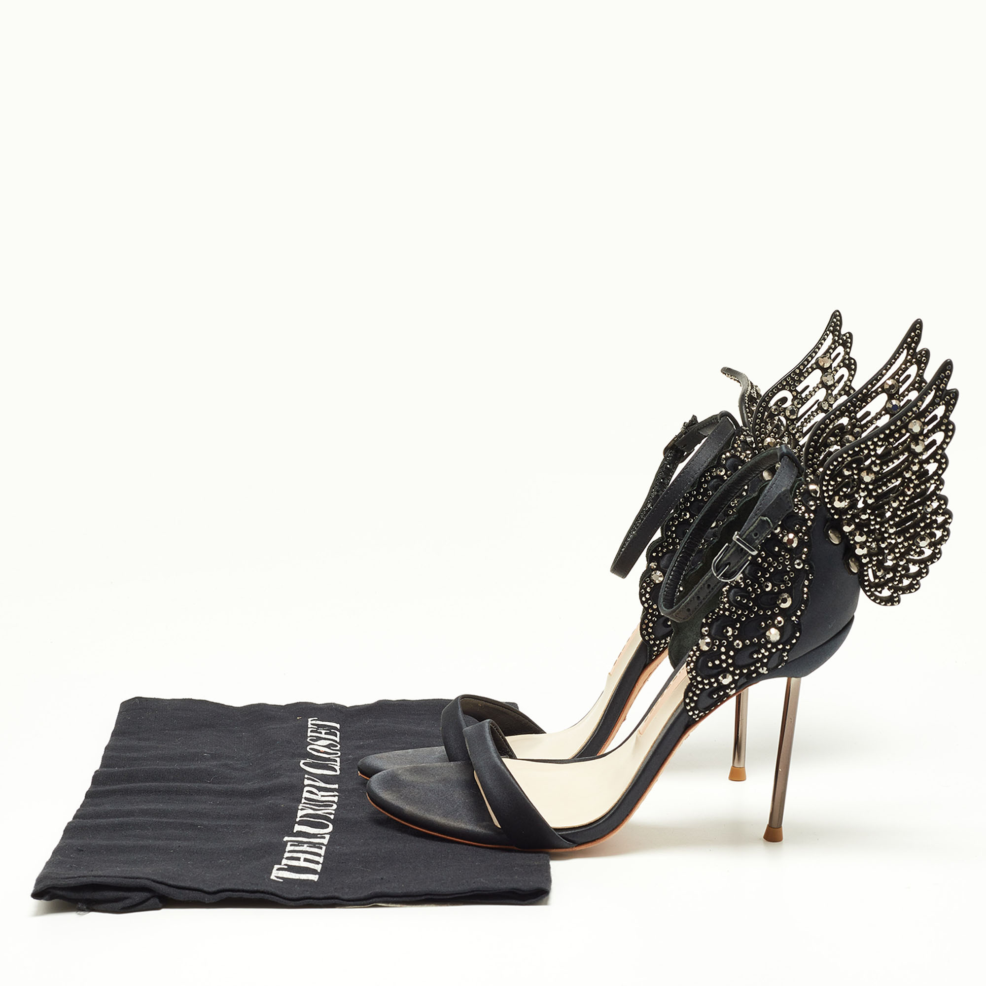 Sophia Webster Black Satin Crystal Embellished Evangeline Ankle Strap Sandals Size 36.5