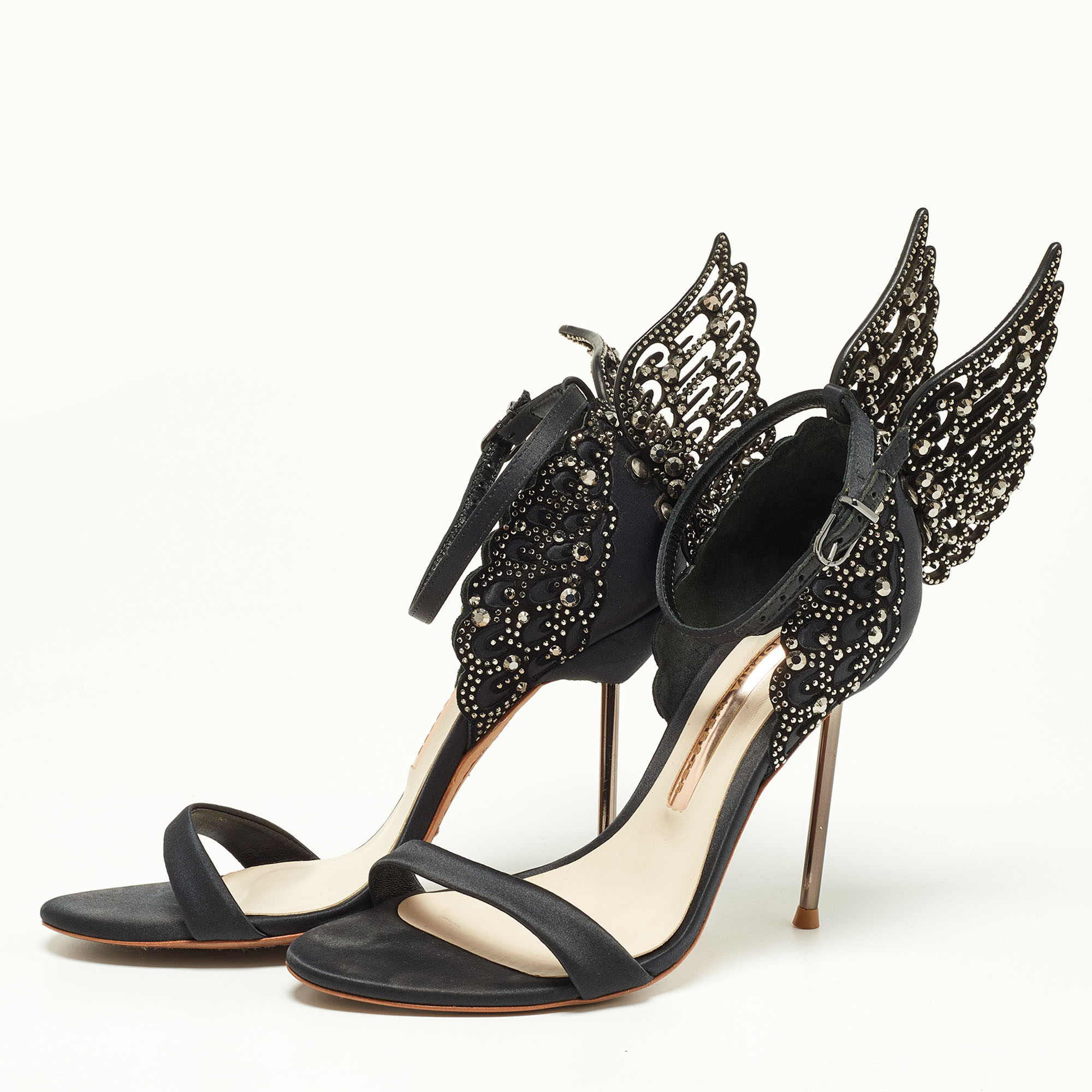 

Sophia Webster Black Satin Crystal Embellished Evangeline Ankle Strap Sandals Size