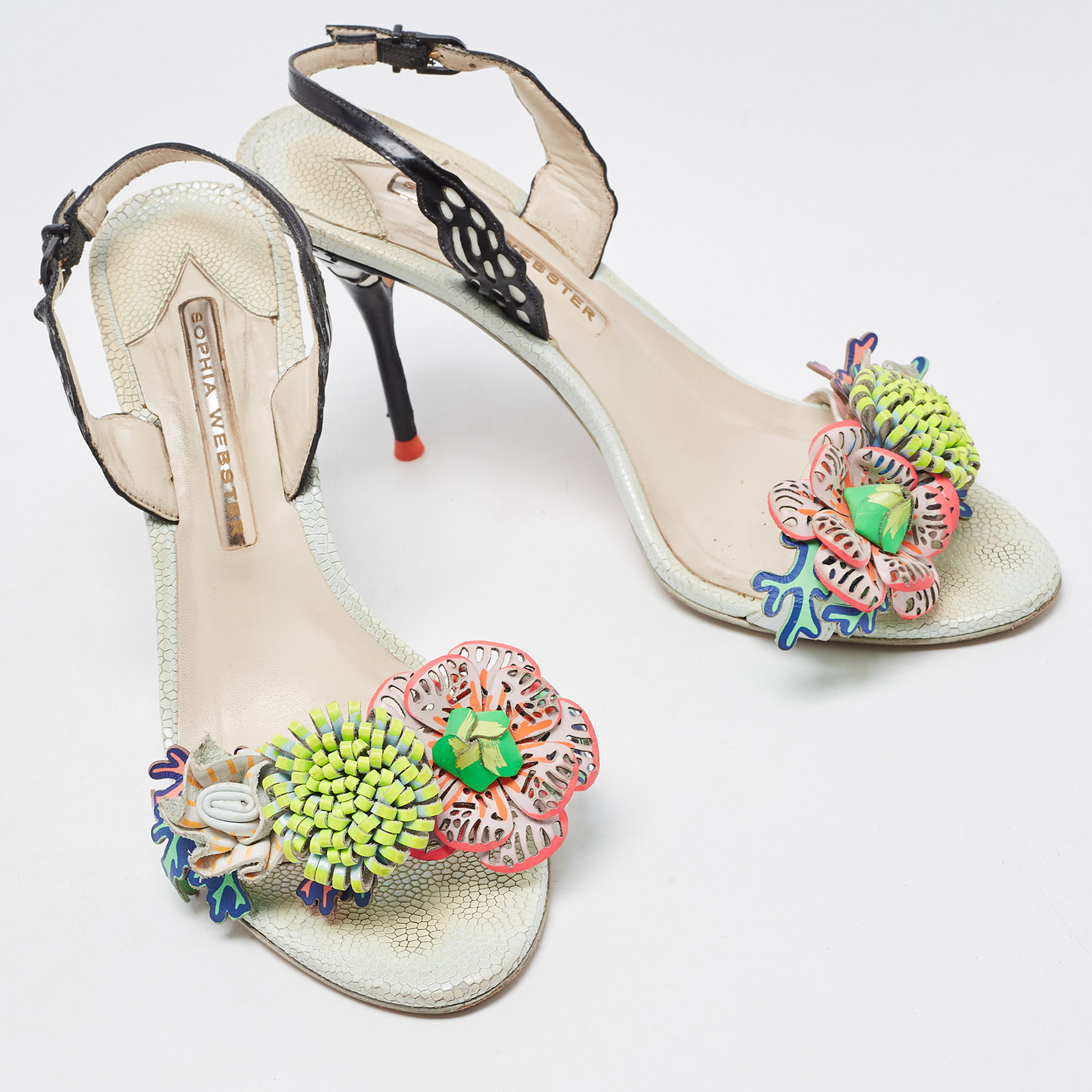 Sophia Webster Multicolor Leather Lilico Underwater Floral Embellished Ankle Strap Sandals Size 38.5