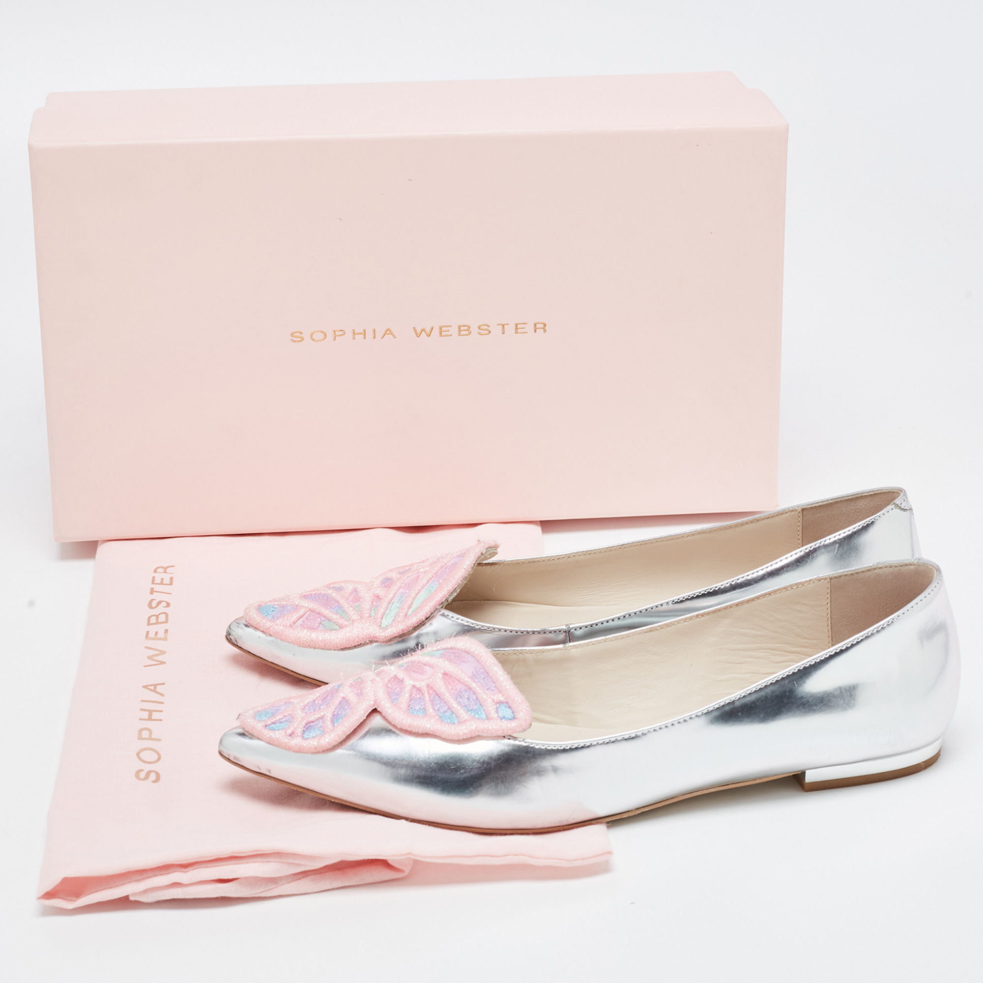Sophia Webster Silver Leather Bibi Butterfly Ballet Flats Size 39.5