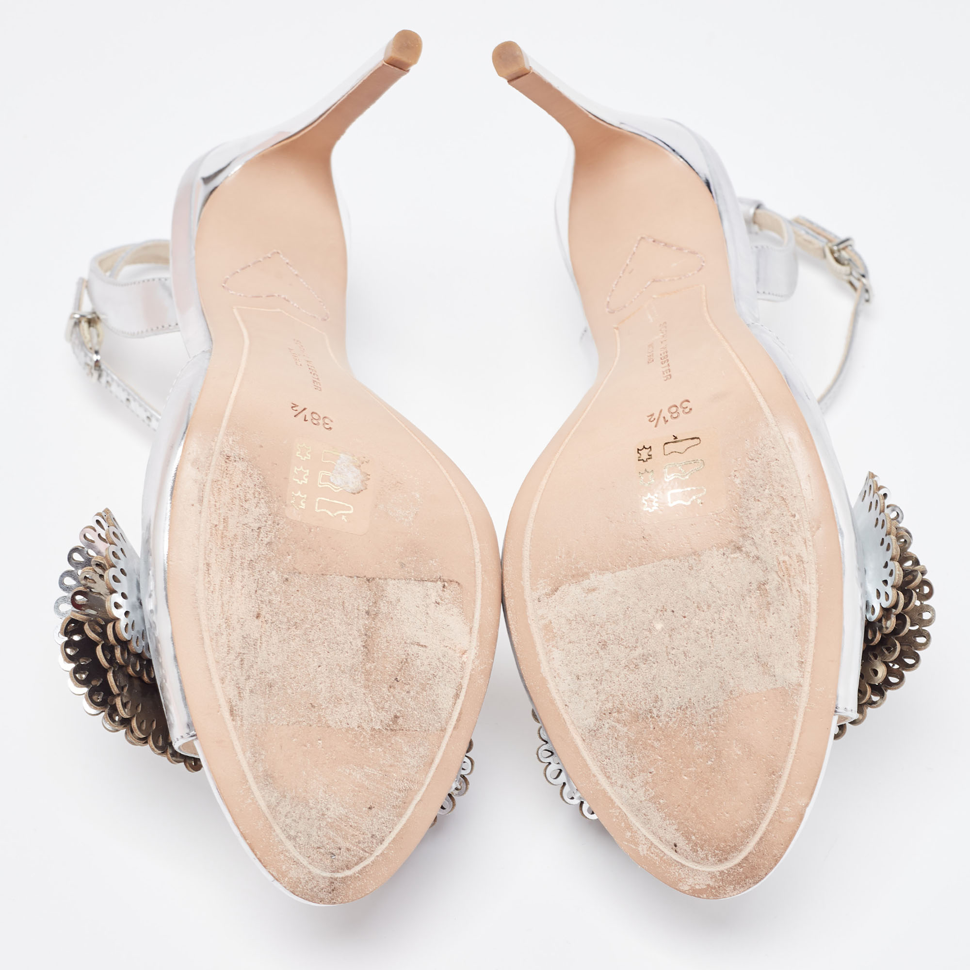 Sophia Webster Silver Foil Leather Lilico Floral Ankle Wrap Sandals Size 38.5