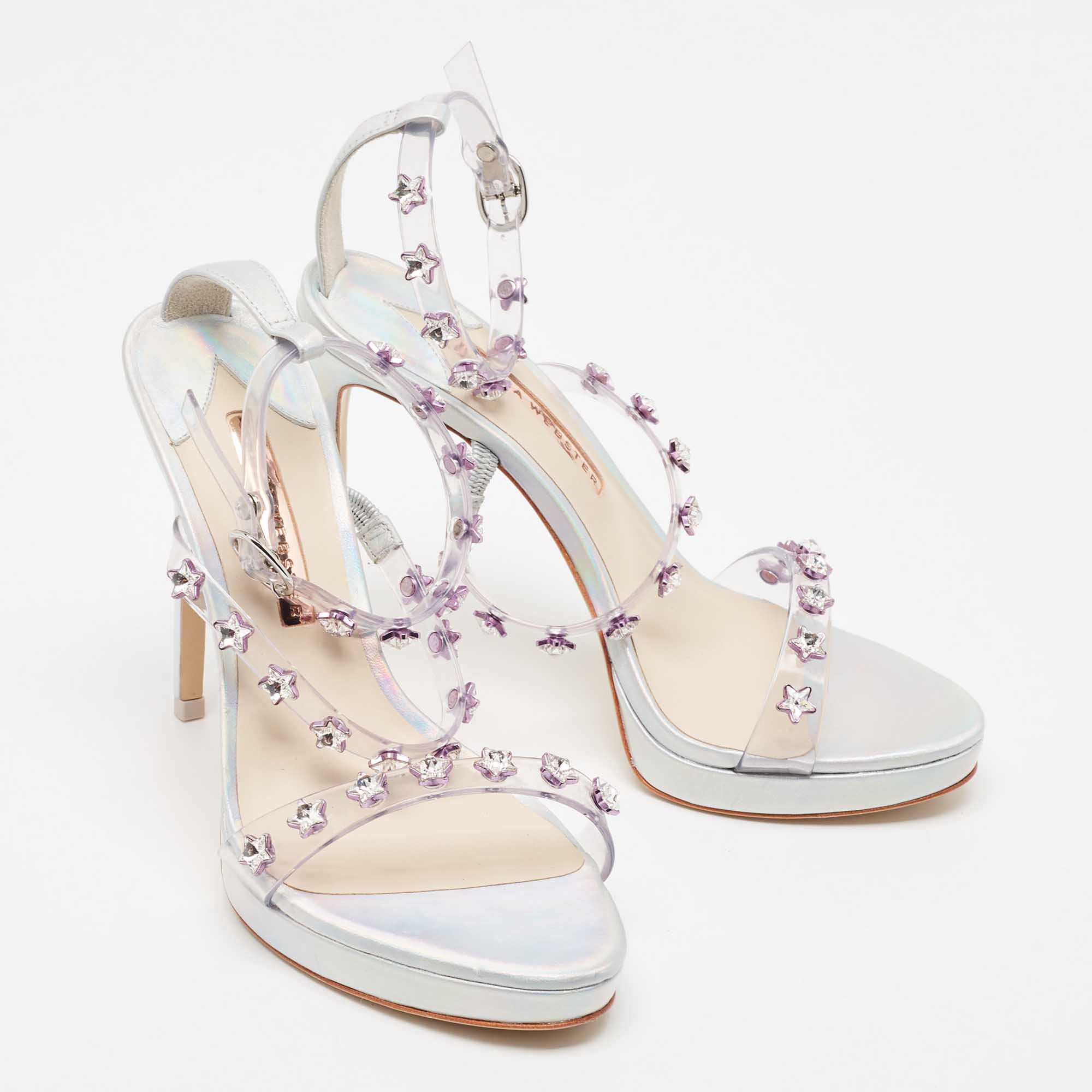 Sophia Webster Silver Holographic Leather And PVC Dina Gem Platform Sandals Size 39