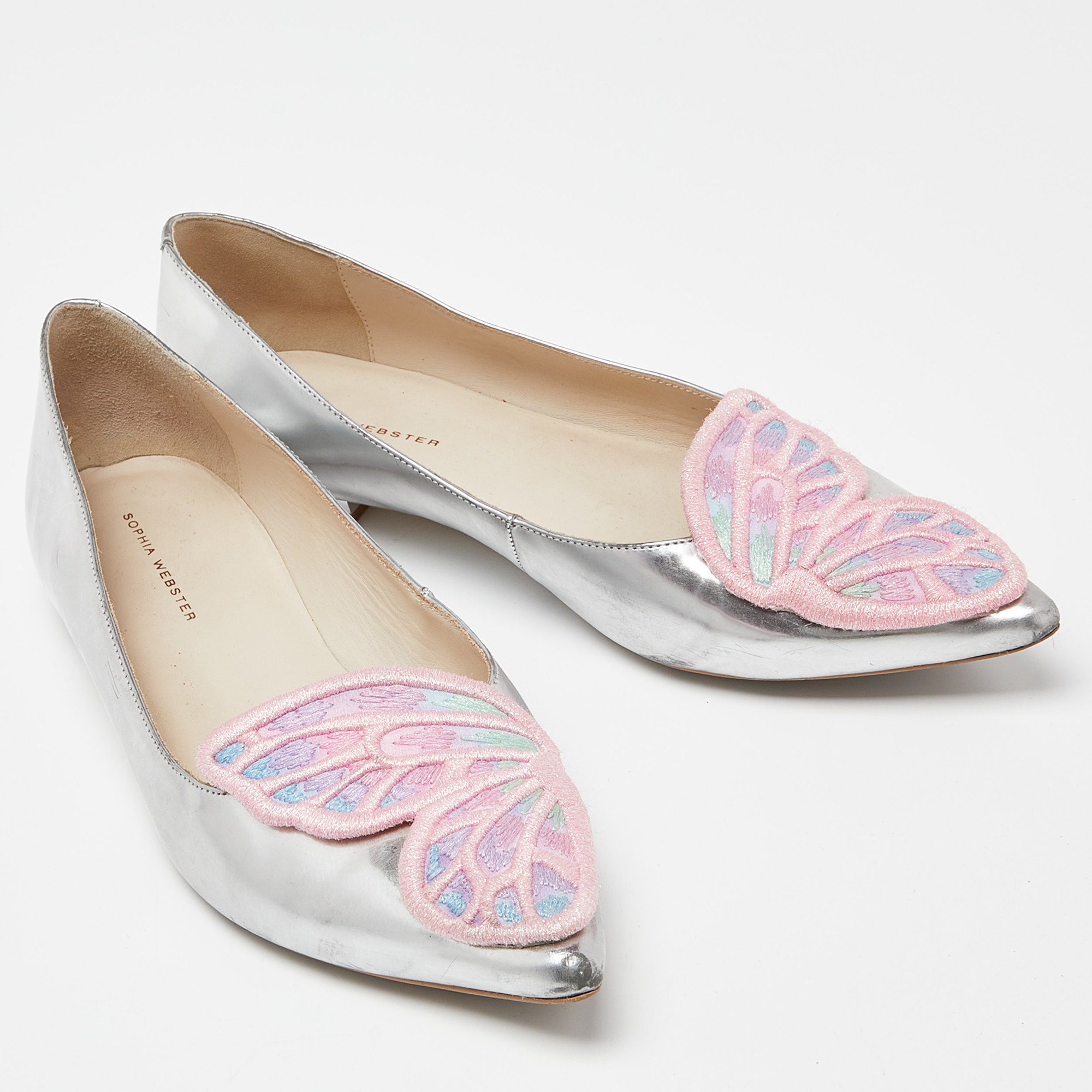 Sophia Webster Silver Patent Leather Bibi Butterfly Ballet Flats Size 41