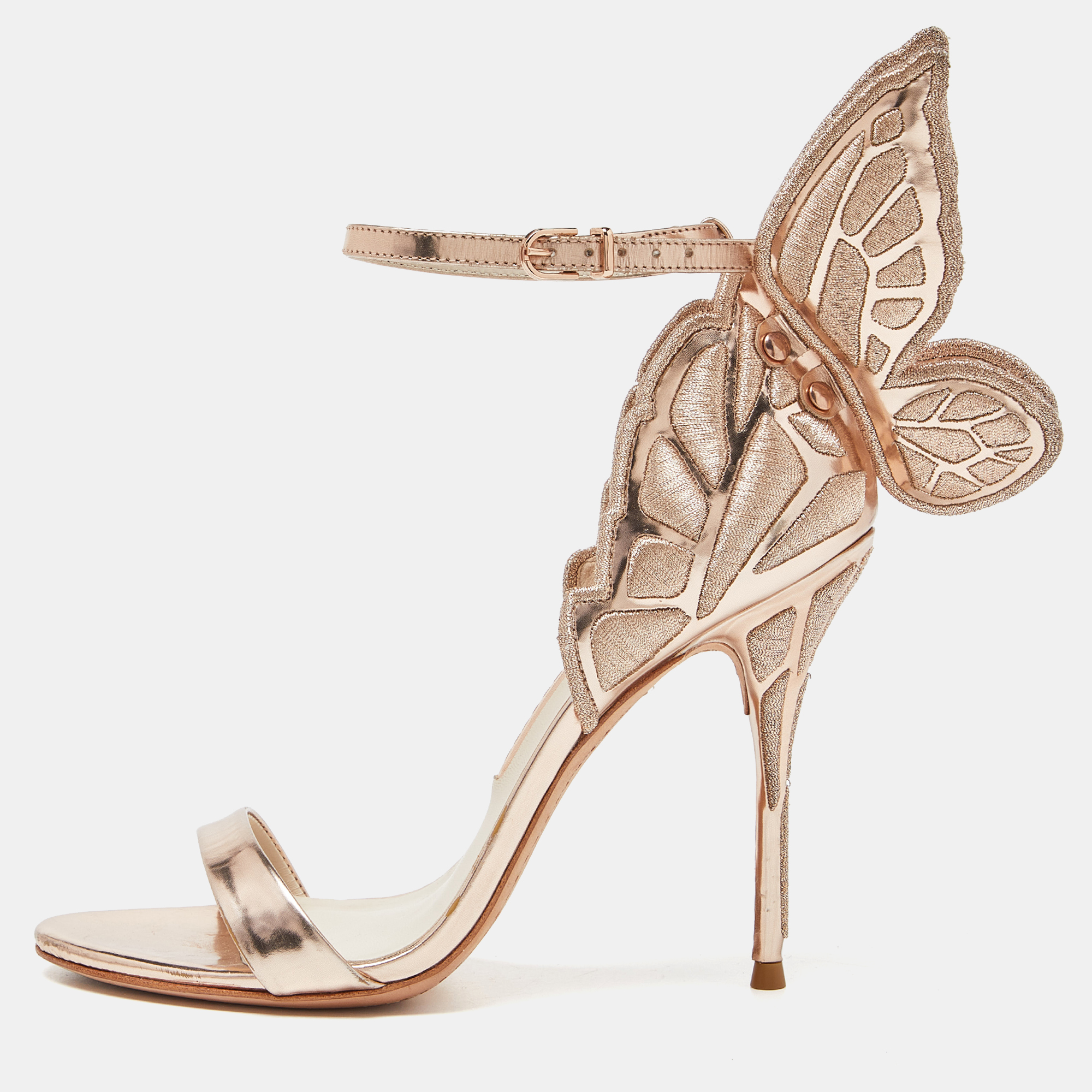 Sophia Webster Rose Gold Embroidered Leather Chiara Butterfly Ankle Strap Sandals Size 37