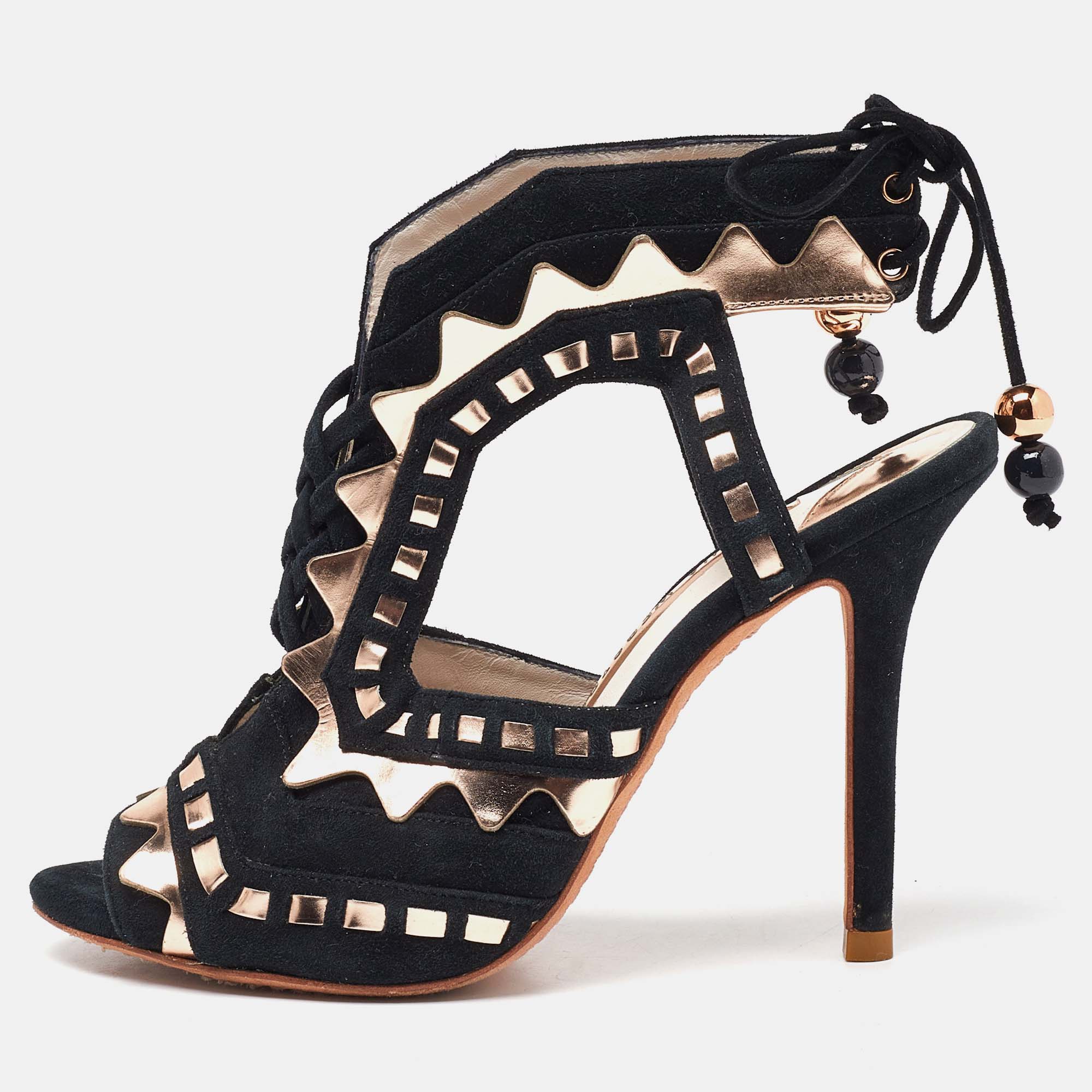 Sophia webster black/metallic suede and leather riko peep toe ankle tie sandals size 36