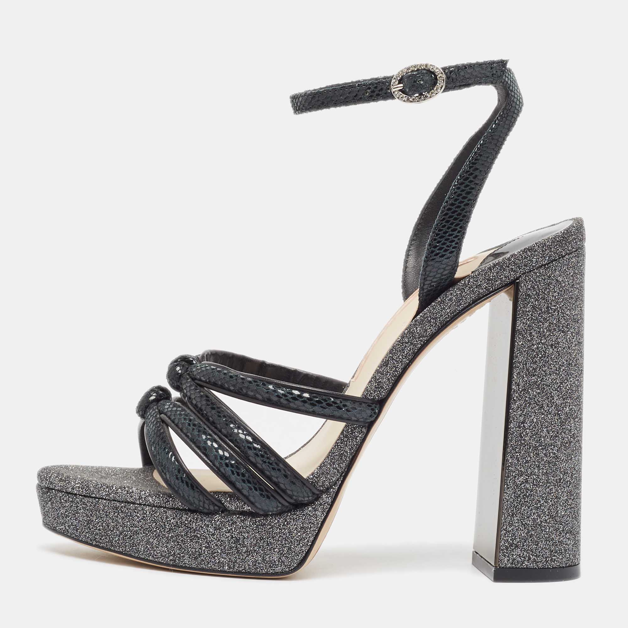 Sophia webster black textured suede and glitter freya platform block heel ankle strap sandals size 37