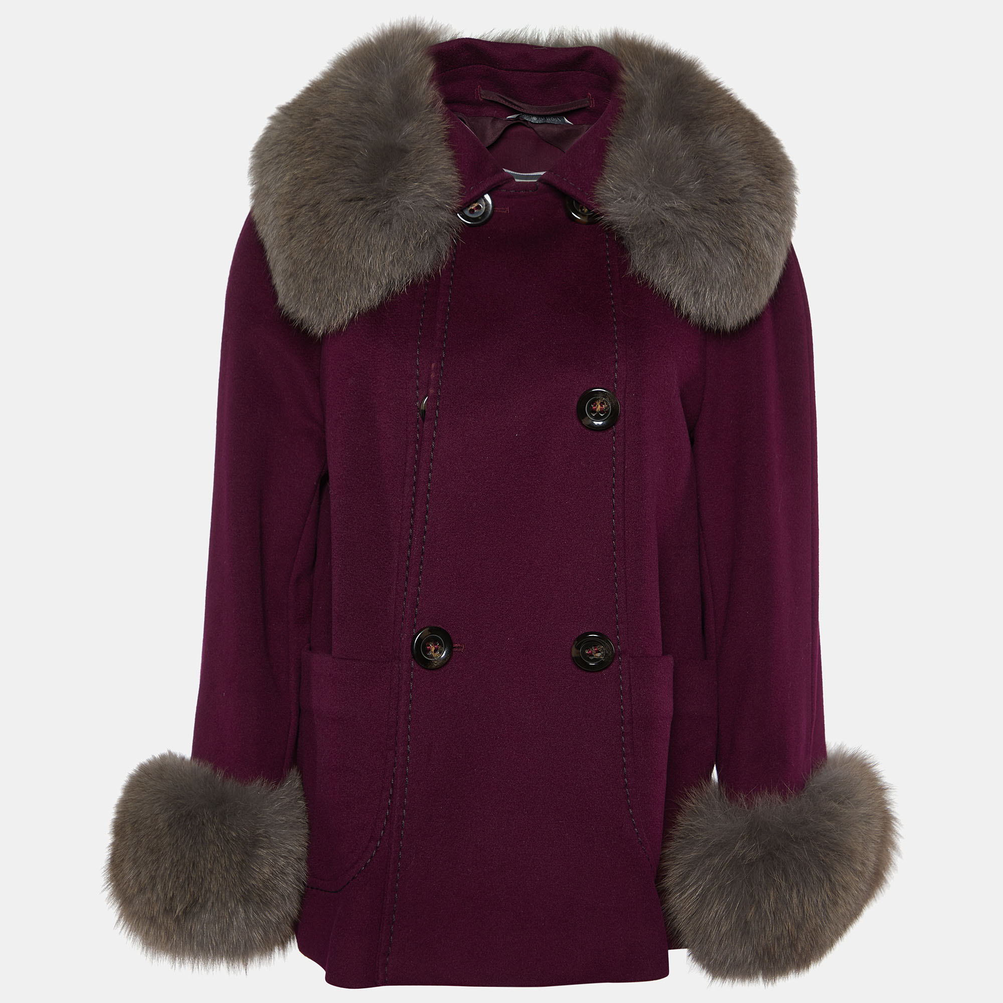 Sportmax Purple Wool Contrast Fox Fur Trim Double Breasted Coat L