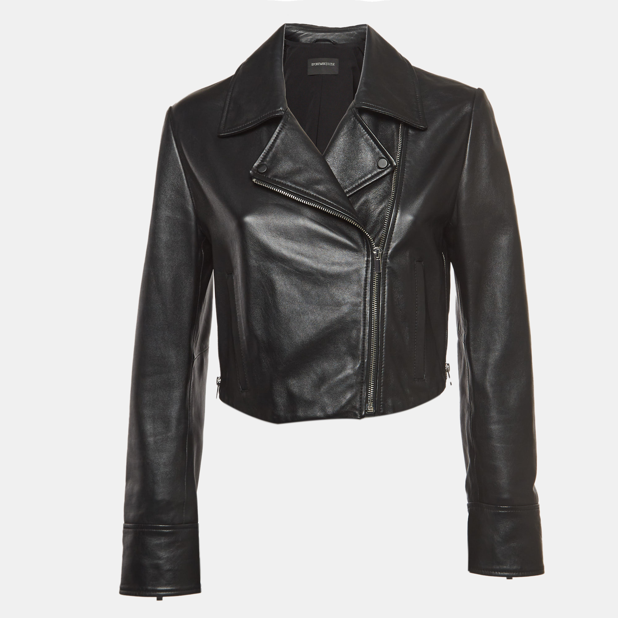 Sportmax Black Leather Cropped Biker Jacket M