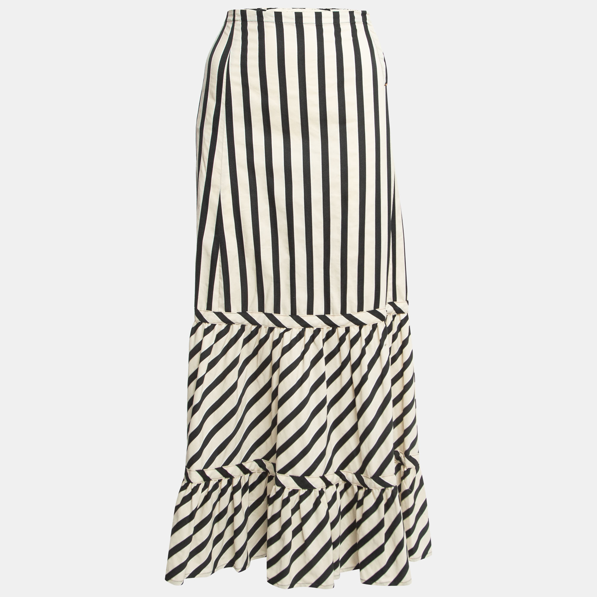 Sportmax cream/black striped cotton blend ruffled maxi skirt m