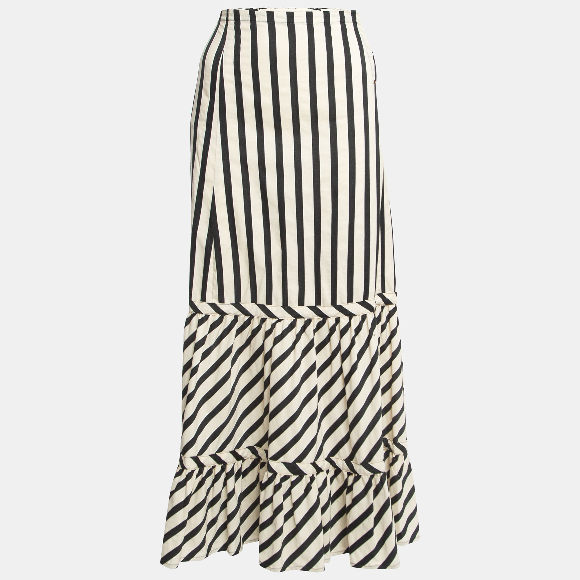 Sportmax Cream/Black Striped Cotton Blend Ruffled Maxi Skirt M