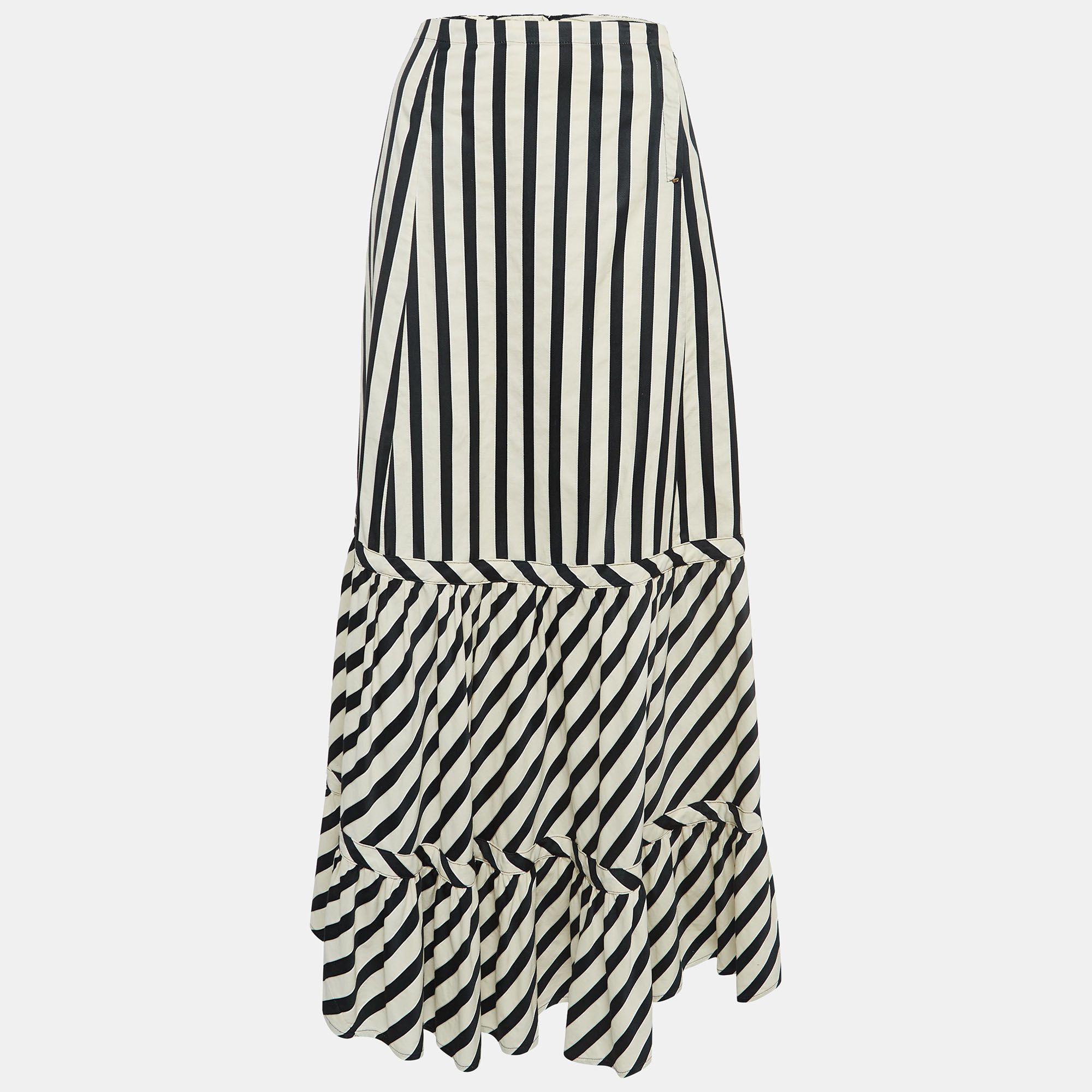 Sportmax black/white striped cotton blend flared maxi skirt s