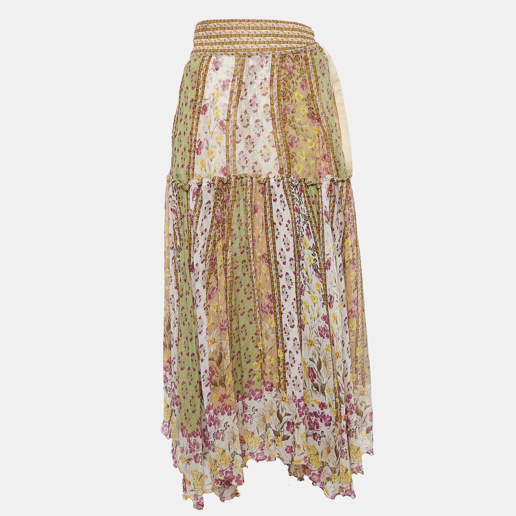 Sportmax multicolor floral print cotton tiered wrap maxi skirt m