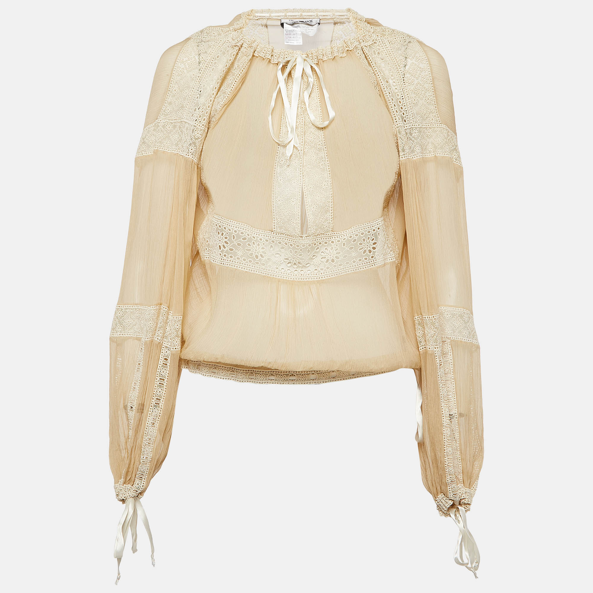 Sportmax beige lace and silk tie-up detail blouse s