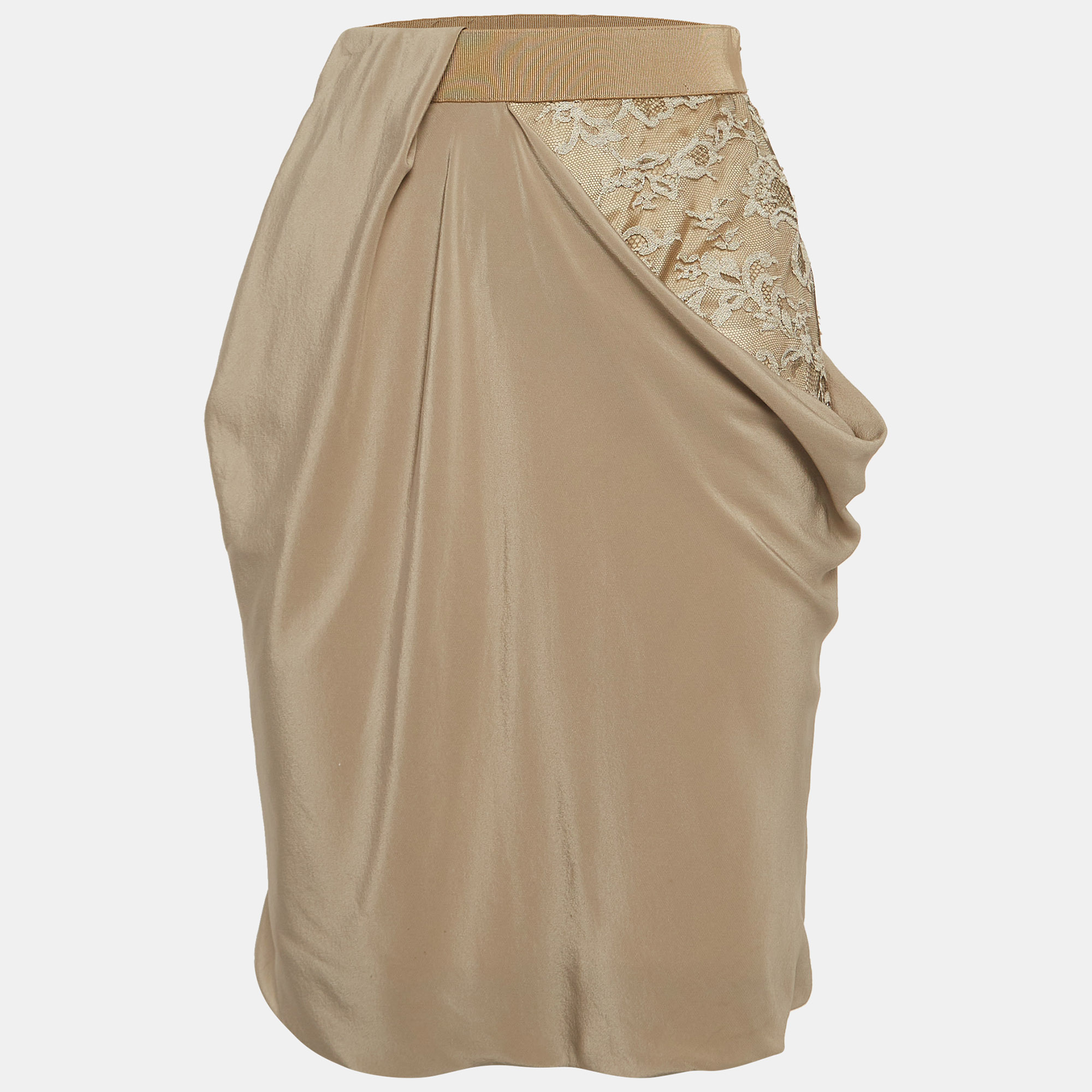Sportmax beige lace trim silk draped pencil skirt s