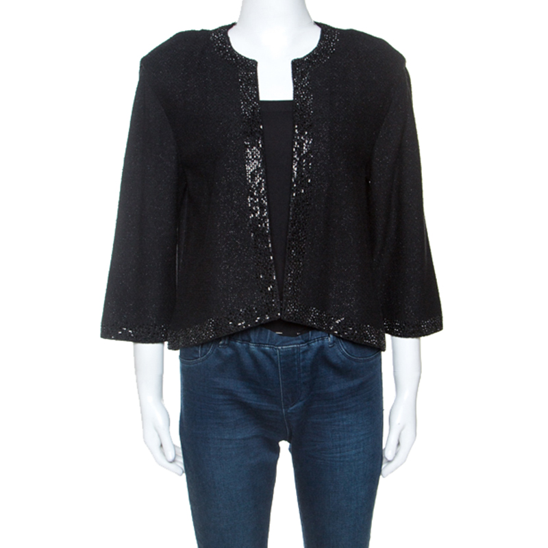 Image of St. John Black Knit Crystal Embellished Cardigan M