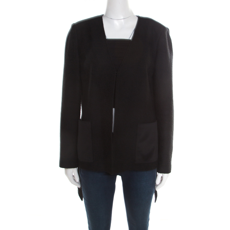 St. John Black Textured Wool Blend Asymmetric Back Detail Jacket M