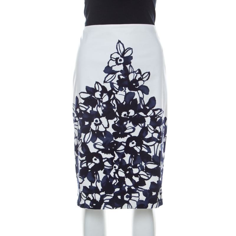 Image of St. John White and Navy Blue Floral Printed Stretch Cotton Pencil Skirt L