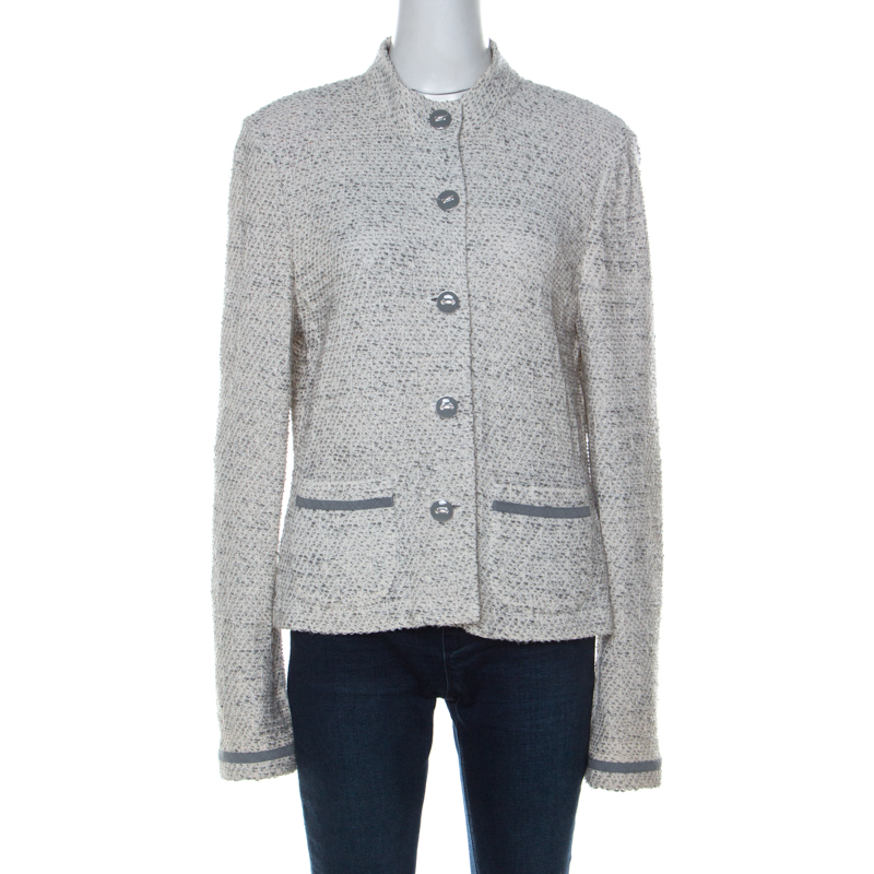 St. John Cream Knit Shoulder Padded Button Front Jacket L