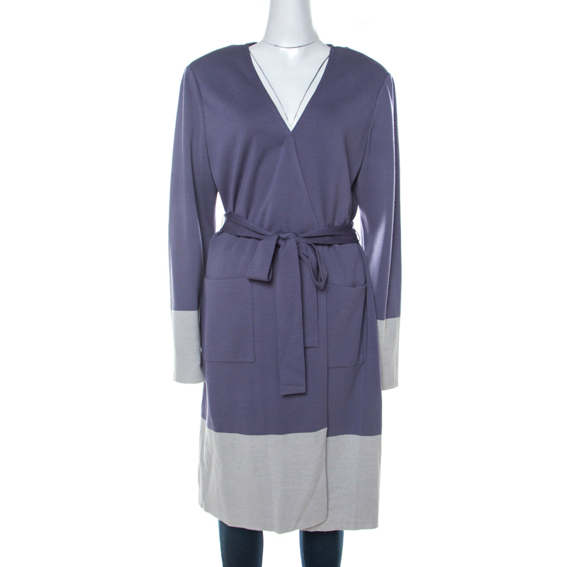 Image of St. John Purple Knit Padded Shoulder Detail Belted Cardigan XL