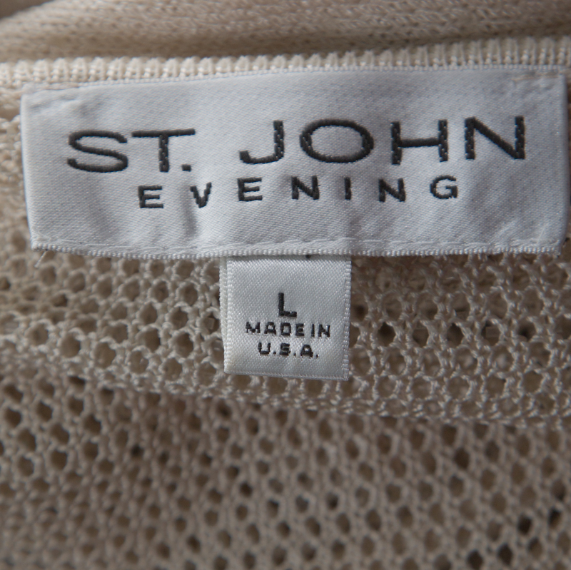 St. John Beige Knit Embellished Crochet Back Detail French Sleeve Top L