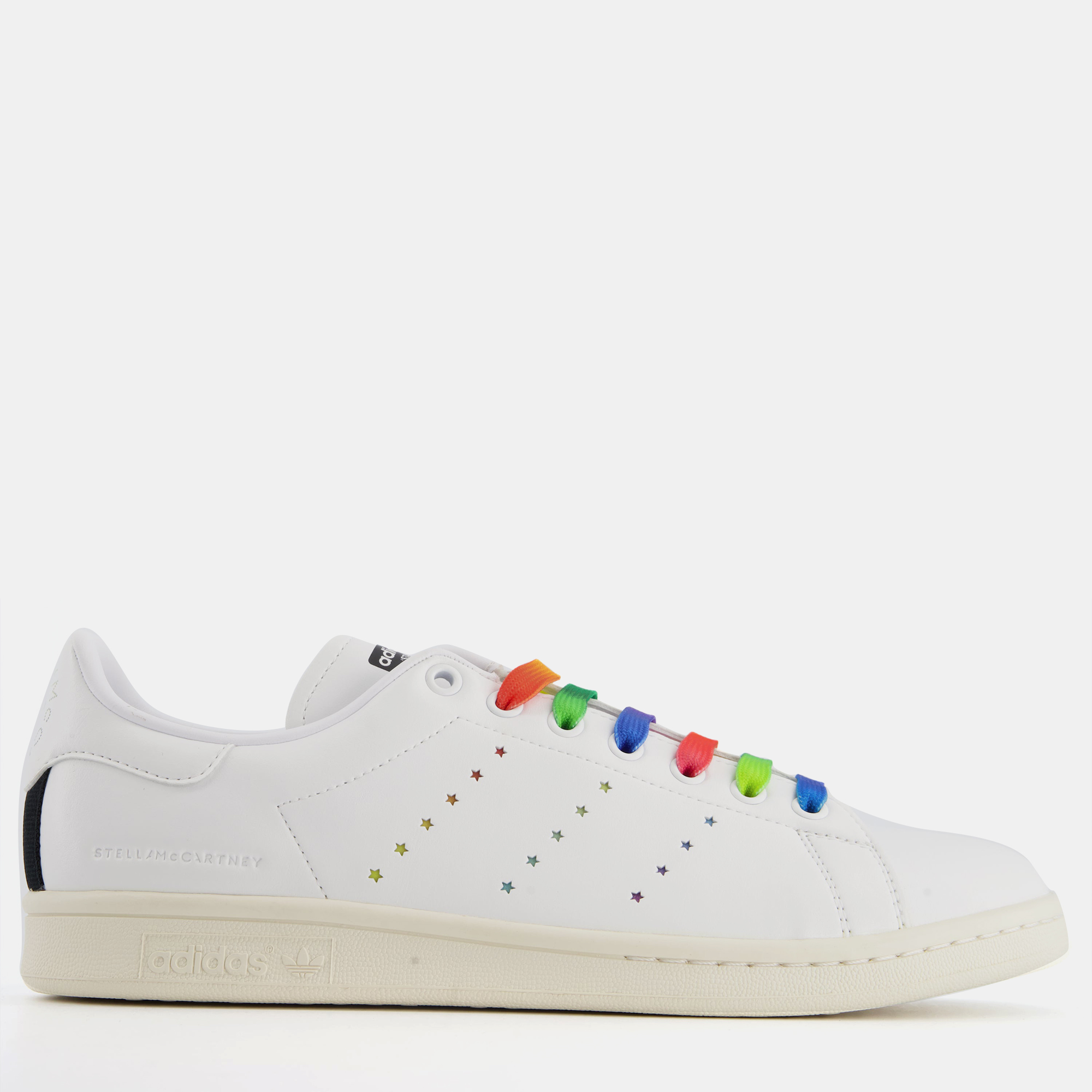 Stella mccartney adidas adidas x stella mccartney white stan smith trainer with multi colour lace & signature detail mens size eu 42.5