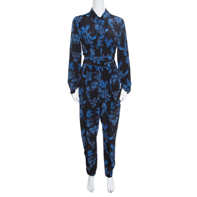 Фото #1: Stella McCartney Black and Blue Floral Printed Silk Belted Natalia Jumpsuit M