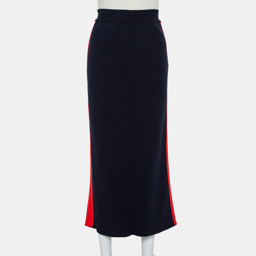 Stella mccartney navy blue cotton knit contrast stripe panel detail midi skirt m