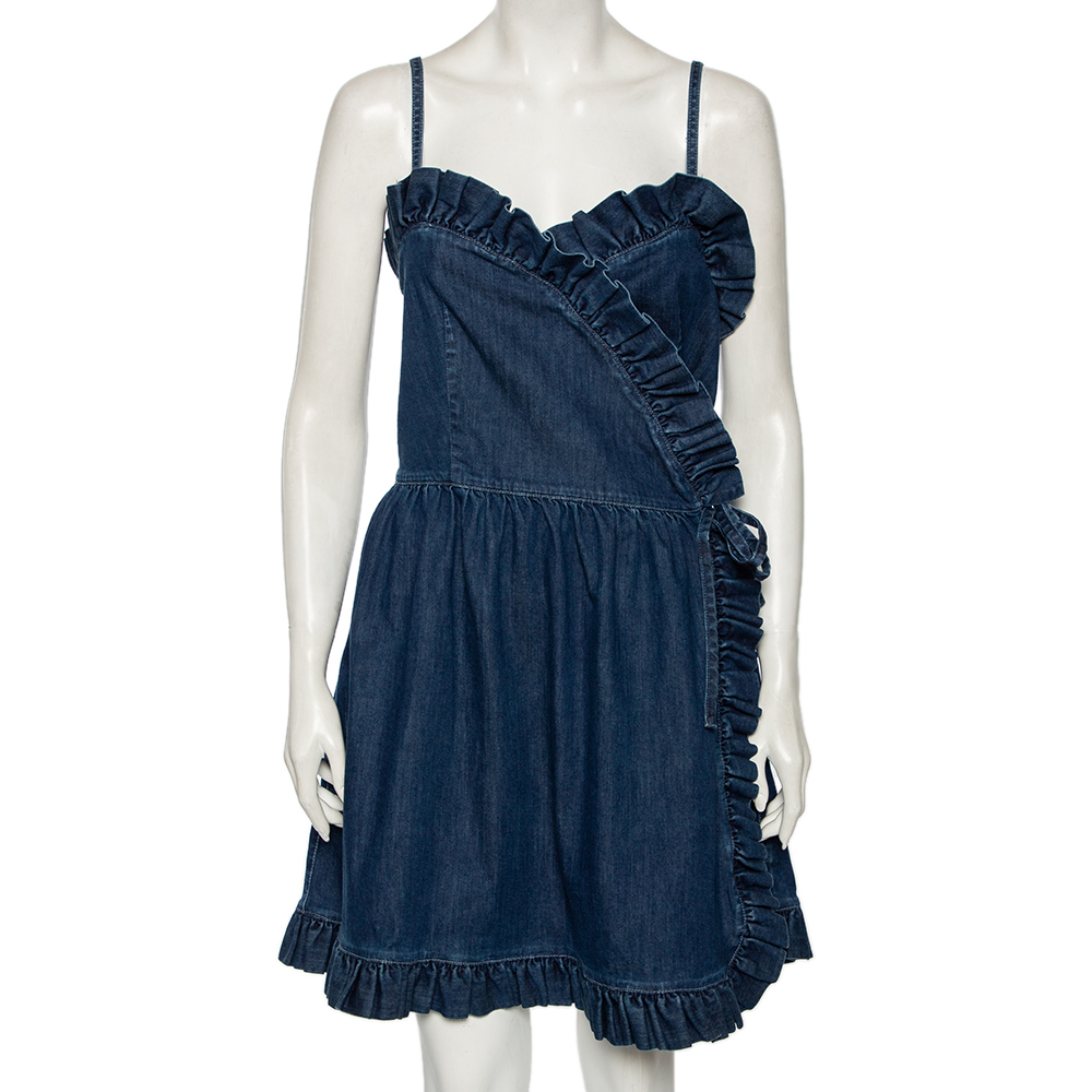 Stella McCartney Navy Blue Denim Ruffled Sleeveless Mini Wrap Dress L