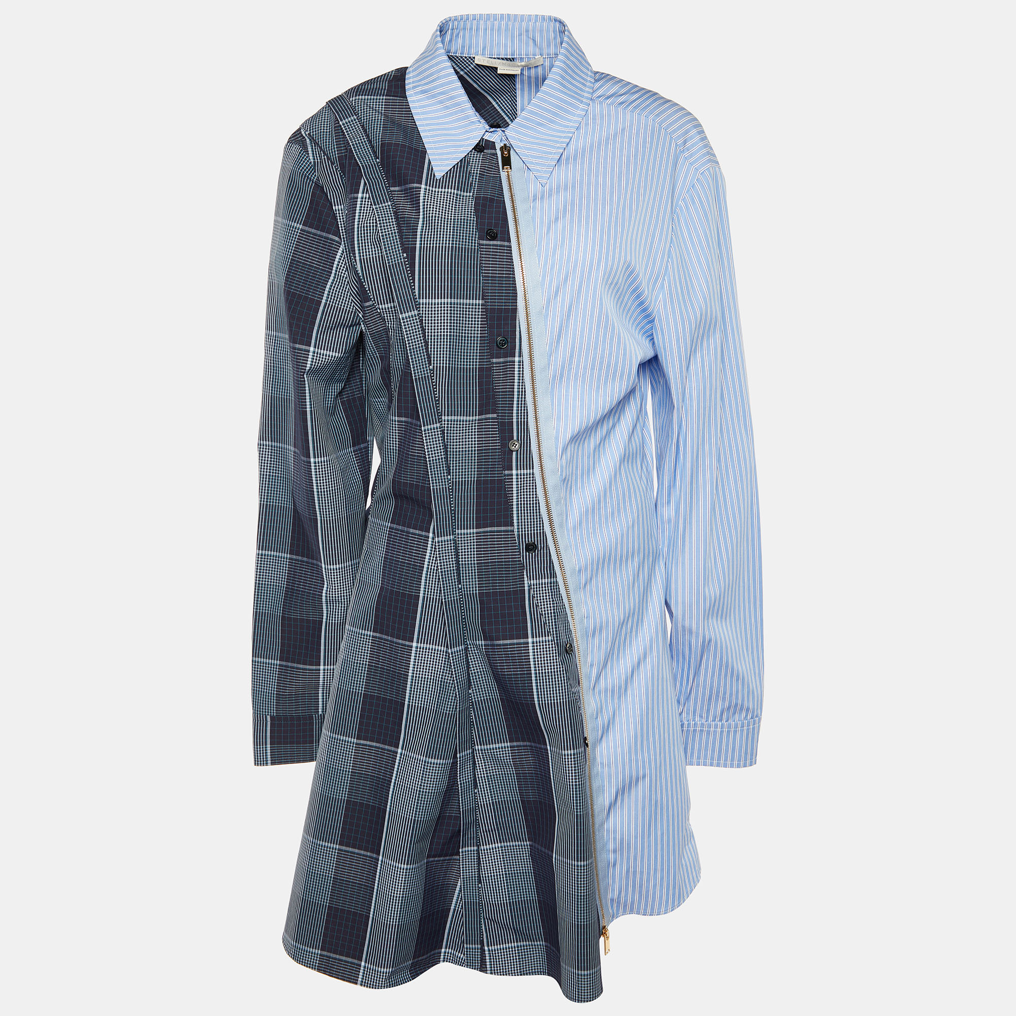 Stella McCartney Blue Plaid & Striped Mixed-Print  Asymmetric-Zip Oxford Flippy Dress L