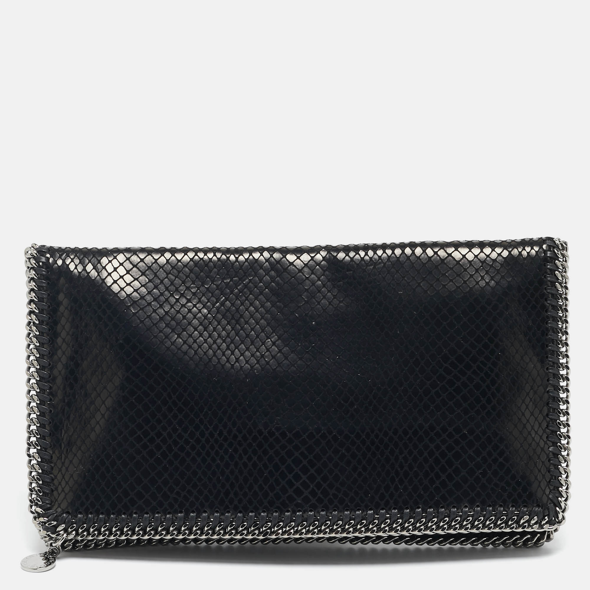 Stella McCartney Black Python Effect Faux Suede Falabella Fold Over Clutch
Stella McCartney Black Python Effect Faux Suede Falabella Fold Over Clutch